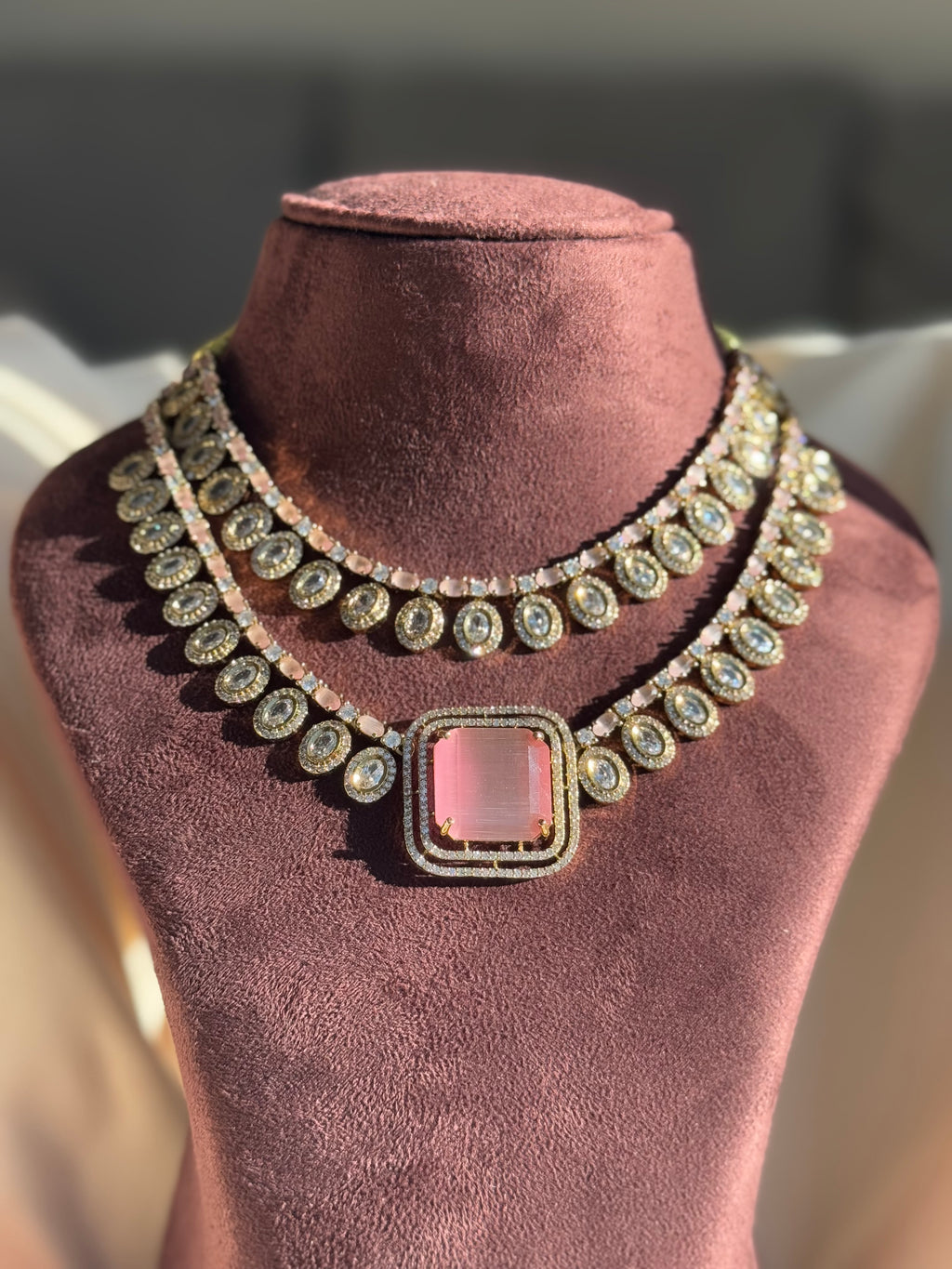 Designer Jadau AD Necklace set - Pink