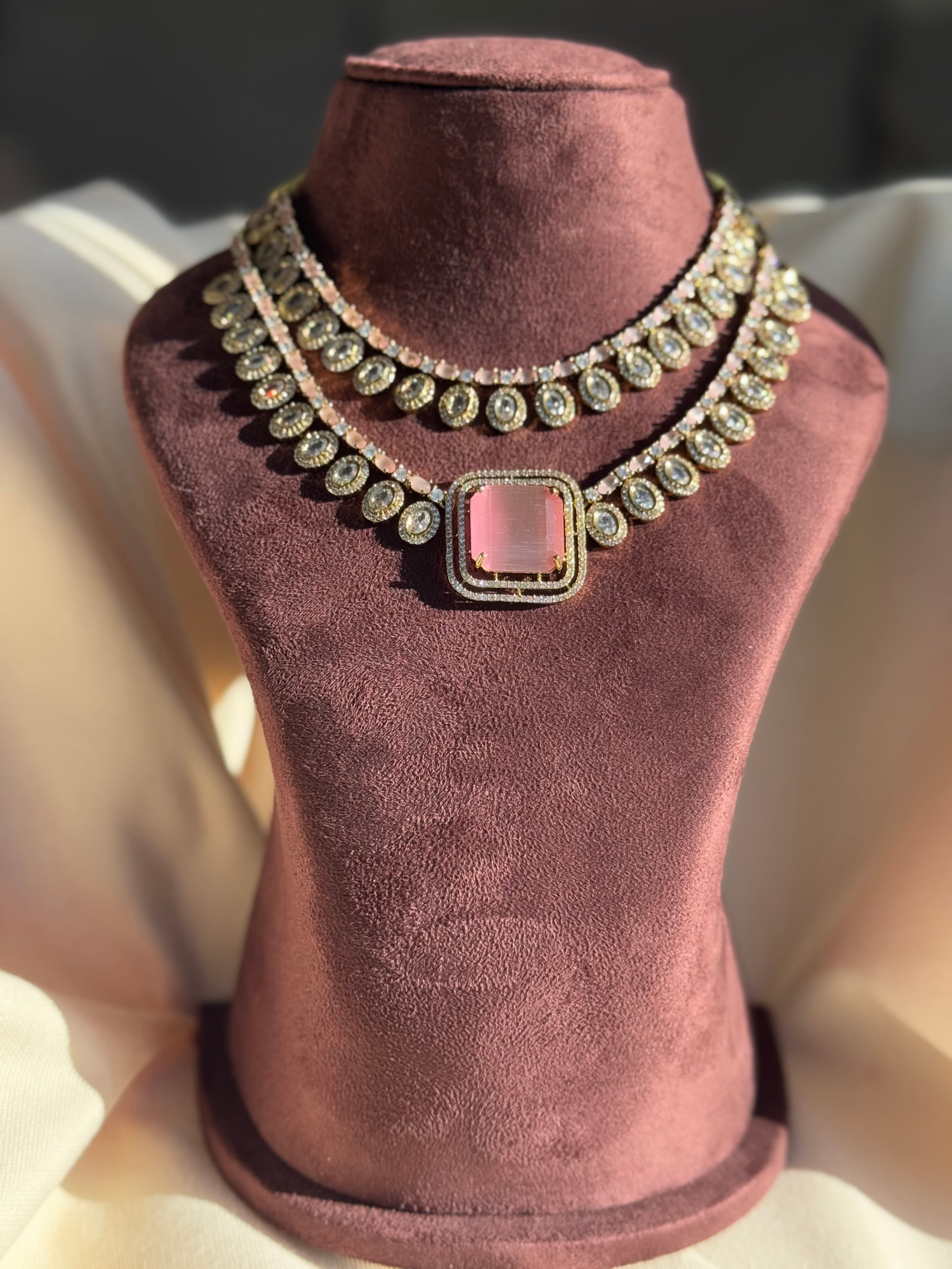 Designer Jadau AD Necklace set - Pink