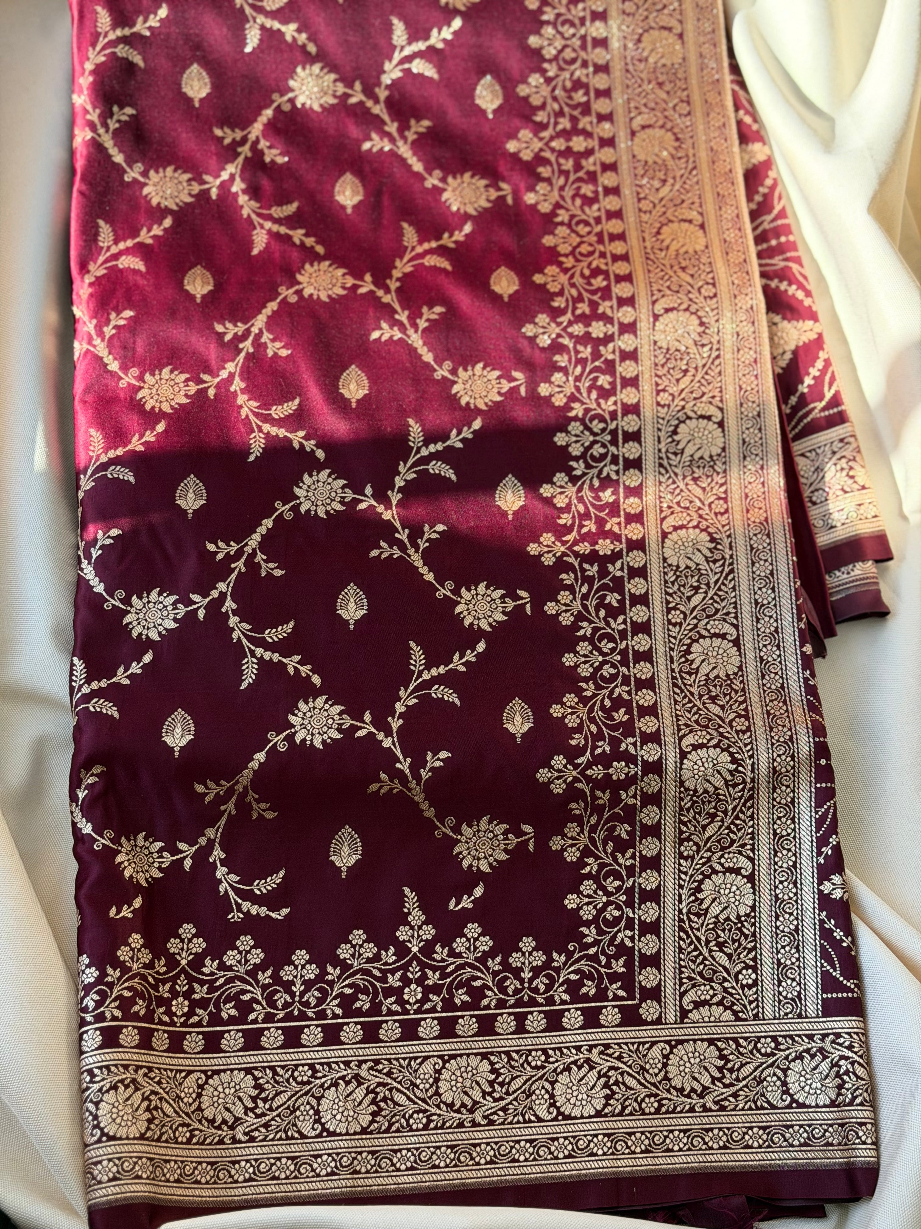 Brown Banarasi satin Saree with Gold Zari work