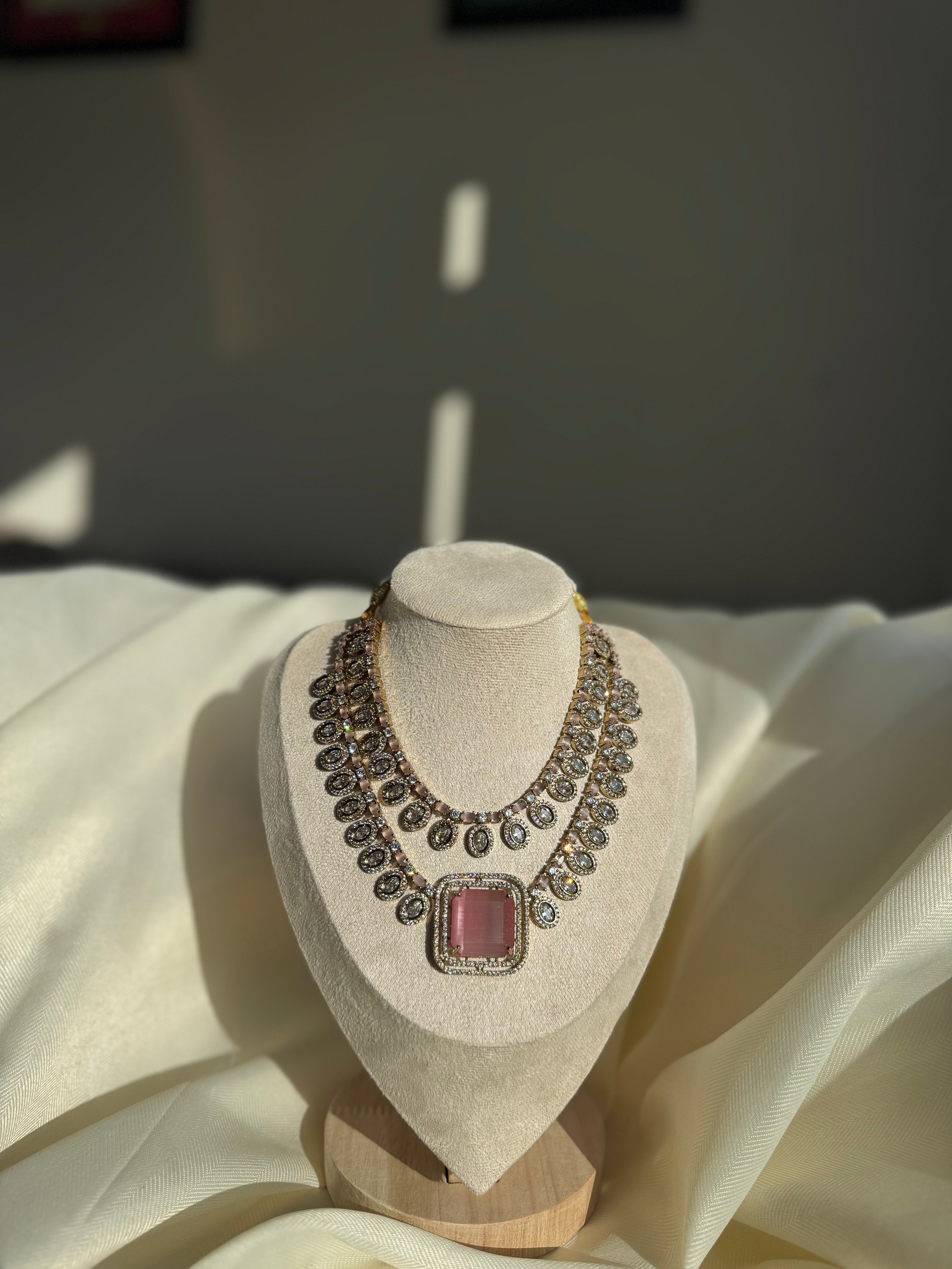 Designer Jadau AD Necklace set - Pink