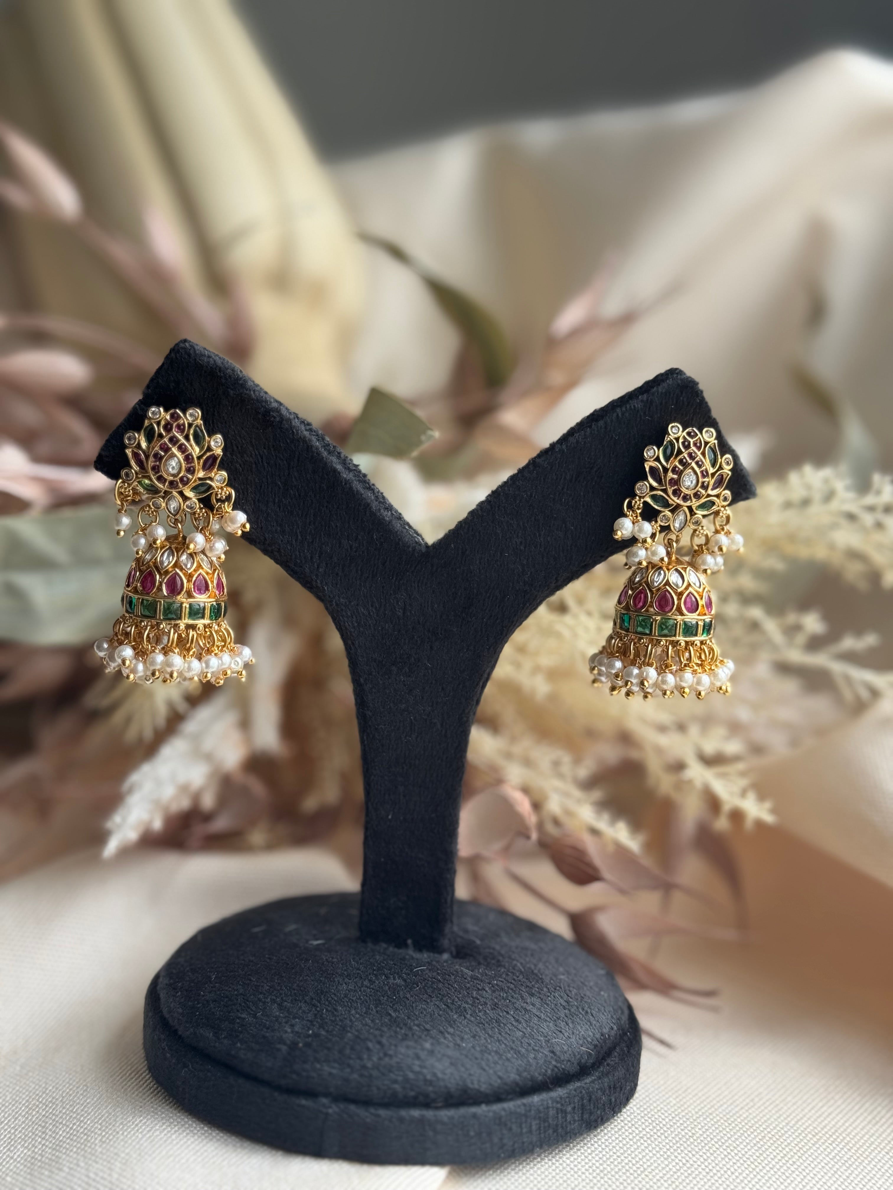 Lotus Kemp Jhumki - Red and Green