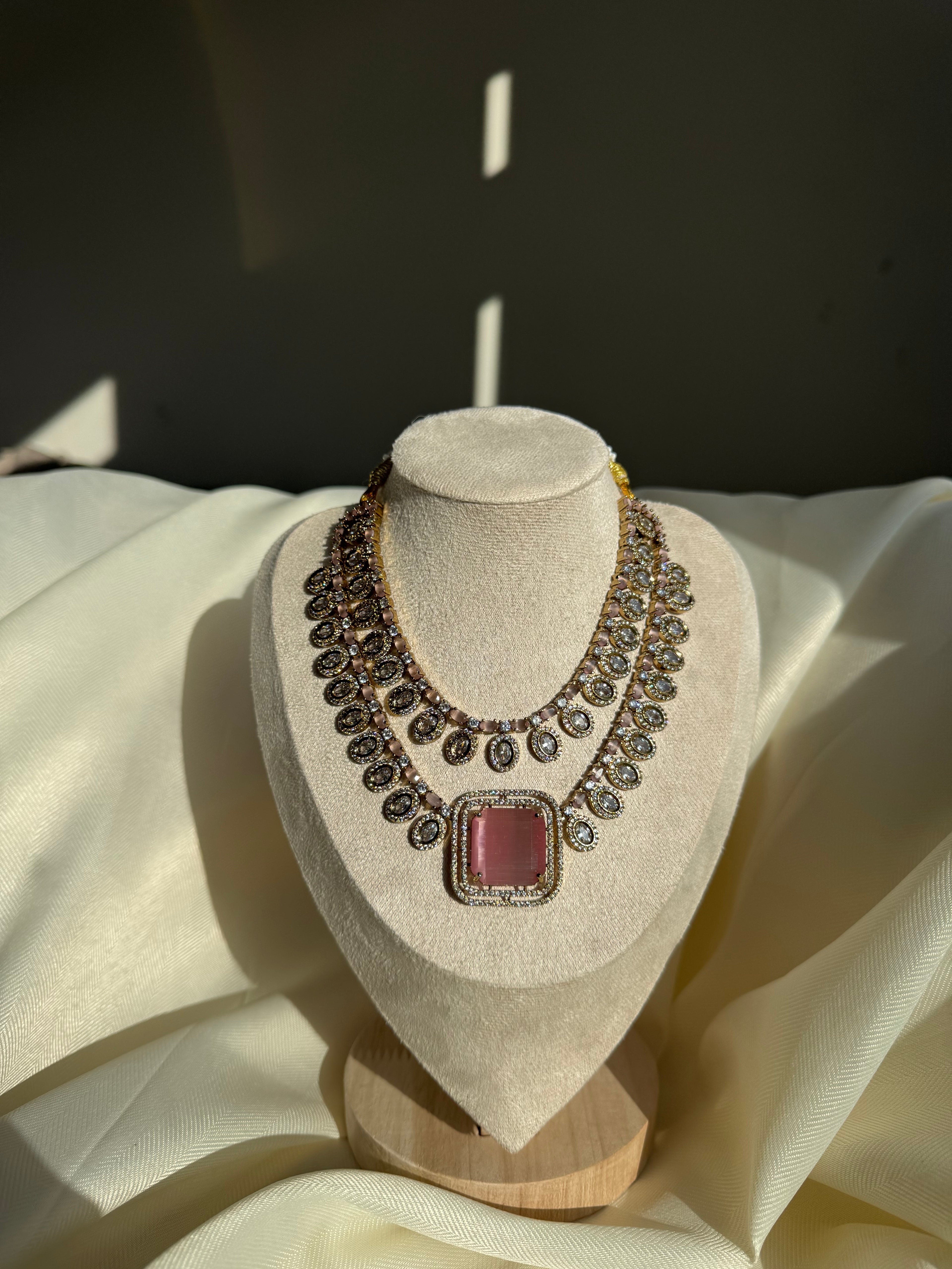 Designer Jadau AD Necklace set - Pink