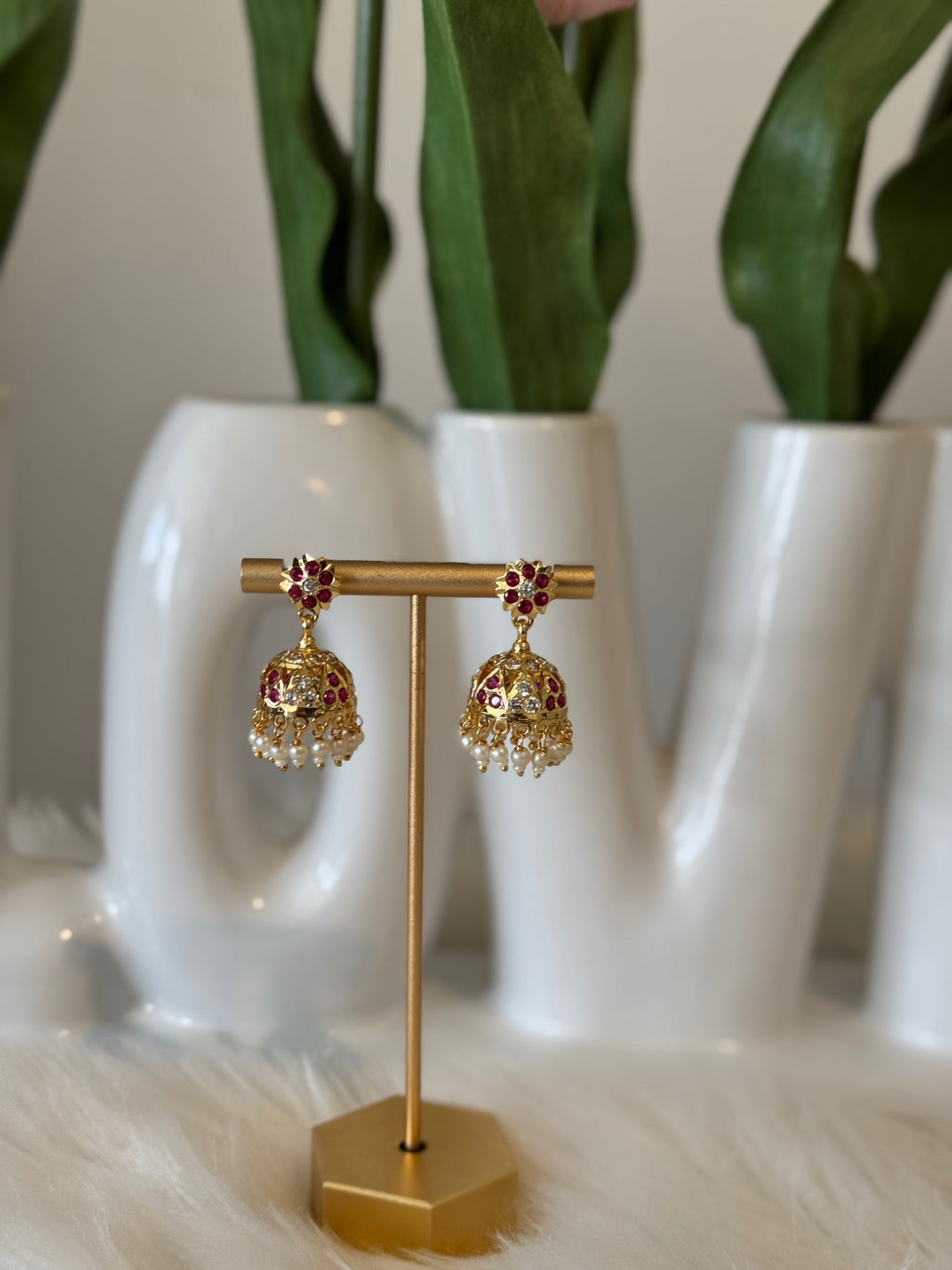 Impoun Pink Stone Jhumki with Pearl Beads  - Small Size