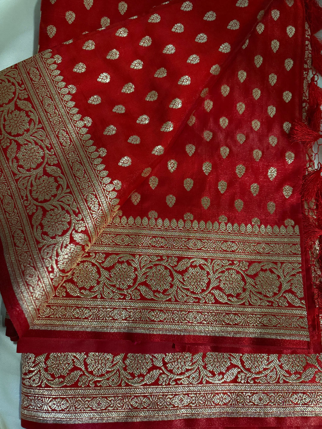 Red Banarasi satin Saree with Gold Zari work- (Samantha Inspired Wedding Saree