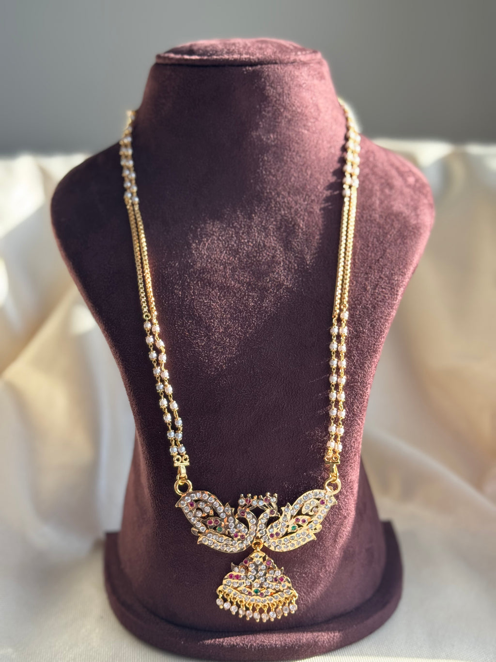 Gold Plated long Pathakam- White, Ruby And Green