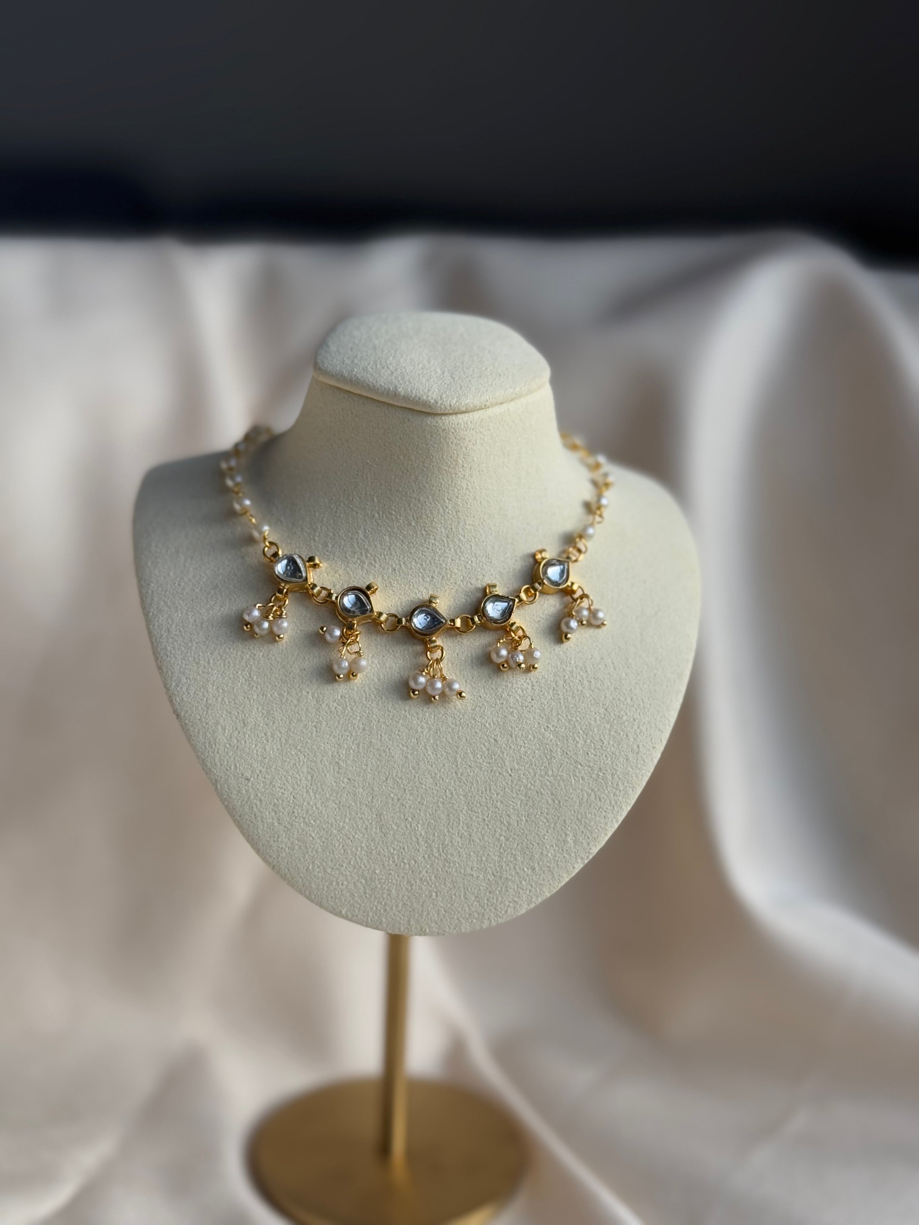 Kundan Floral Pearl Choker Necklace - White