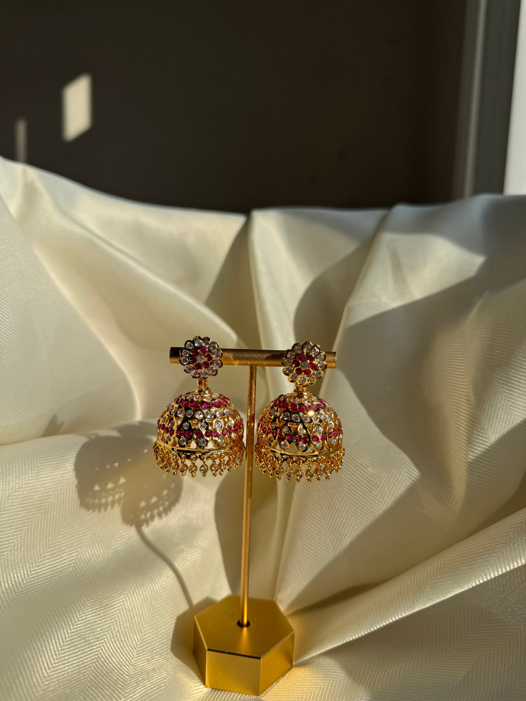 Gold-plated Ruby white stone jhumka- Large