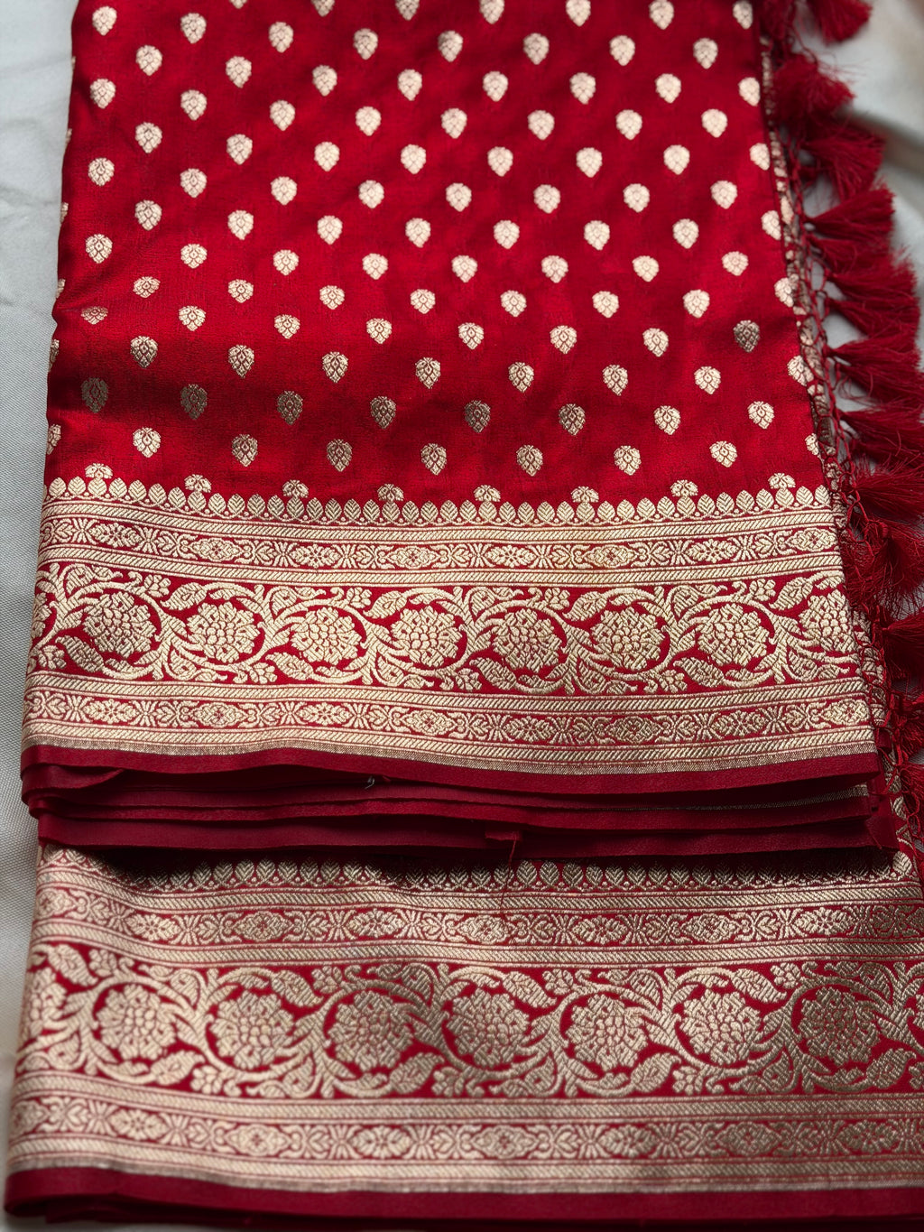 Red Banarasi satin Saree with Gold Zari work- (Samantha Inspired Wedding Saree