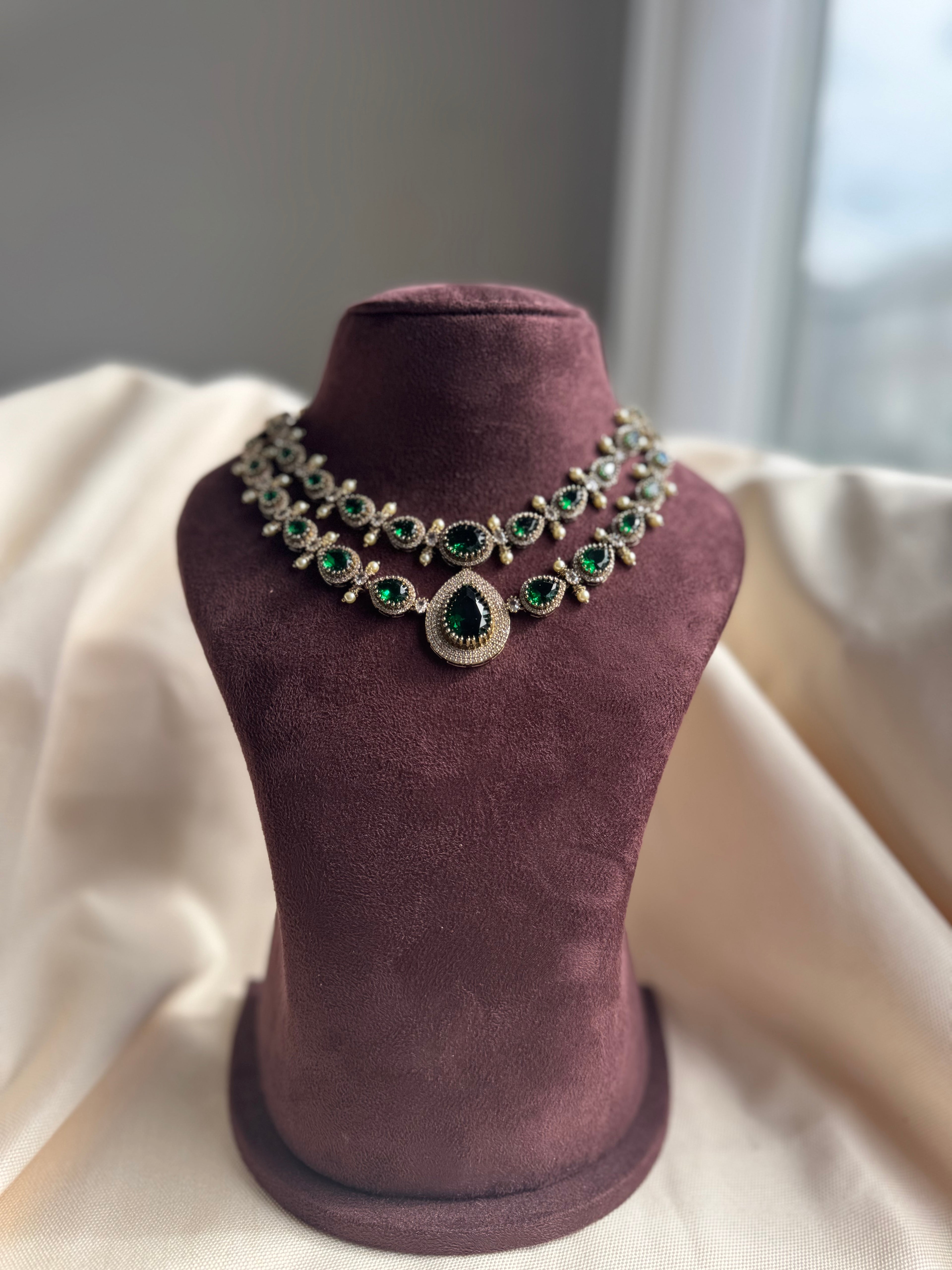 Thanu- Victorian Layered Short Necklace set - Green