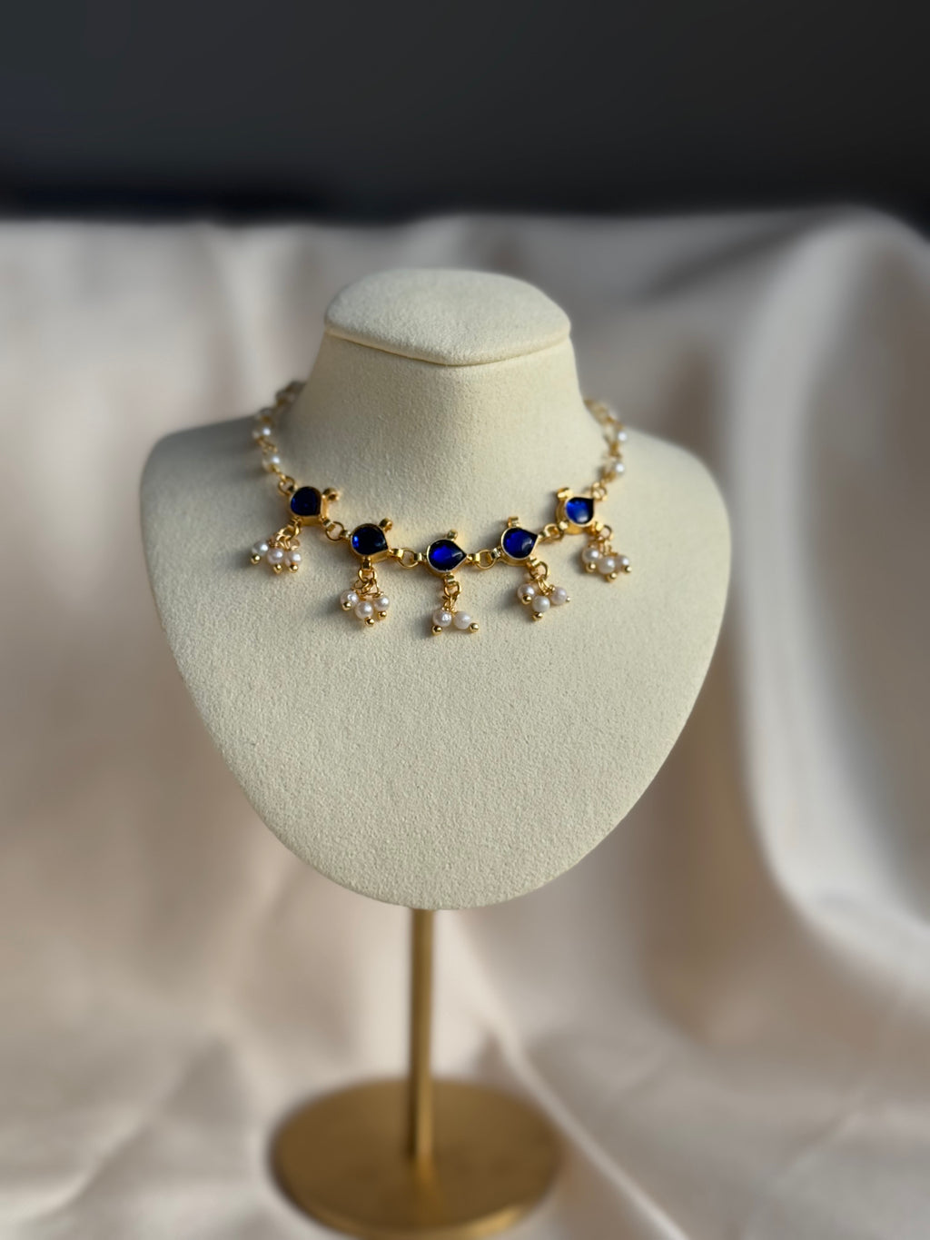 Kundan Floral Pearl Choker Necklace - Blue