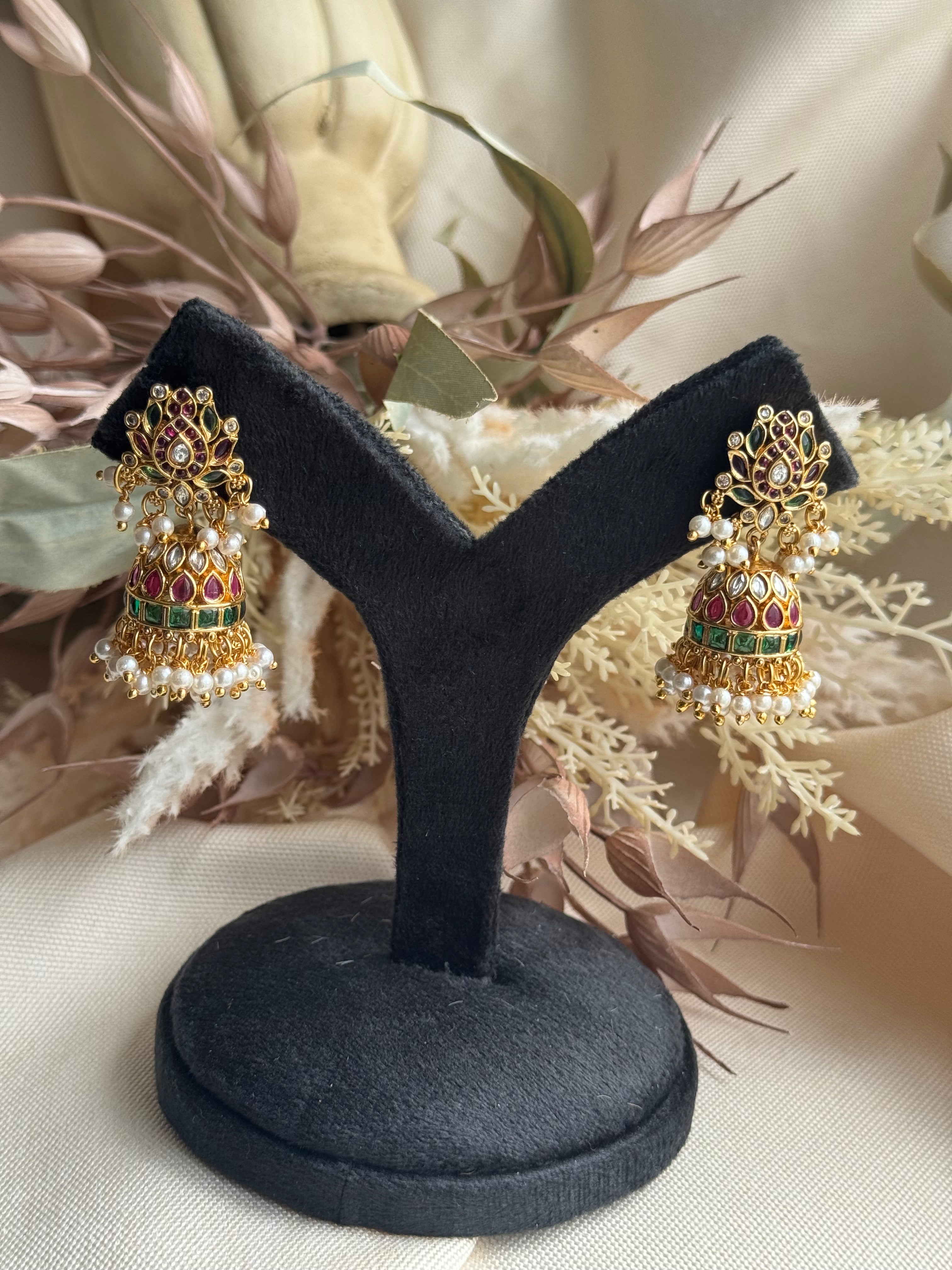 Lotus Kemp Jhumki - Red and Green