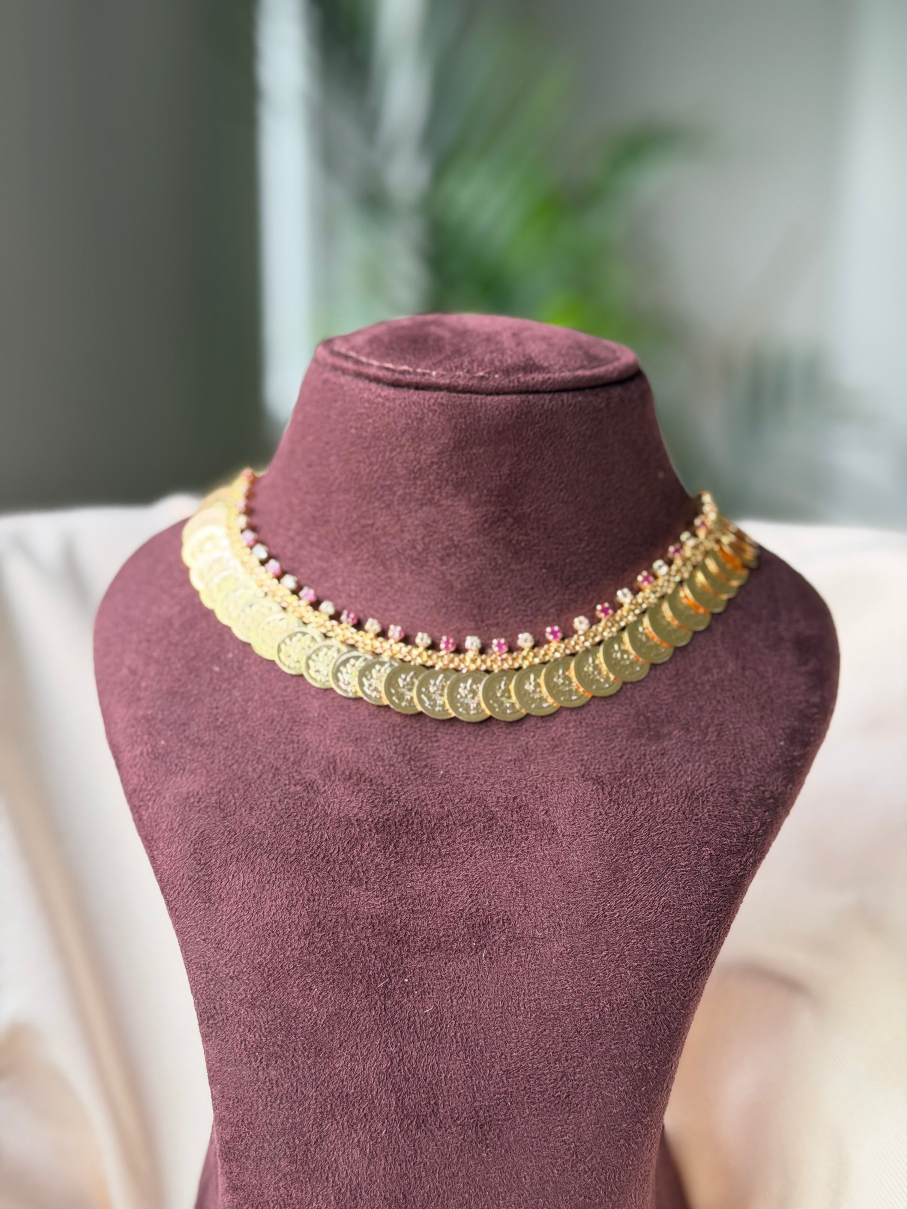 Kasu Malai Choker - White and Ruby Stone