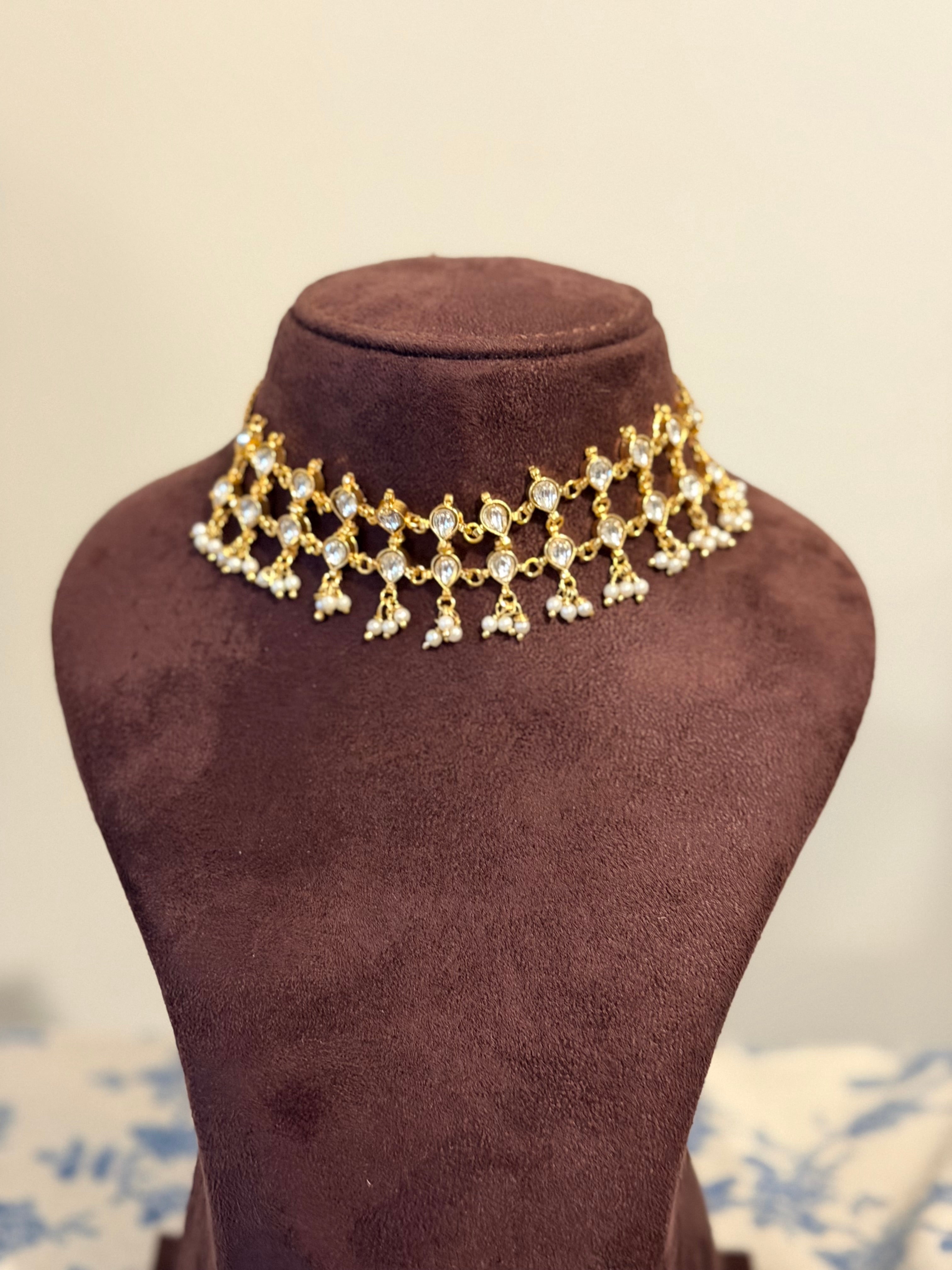 Kundan Two-Line Floral Pearl Choker Necklace - White