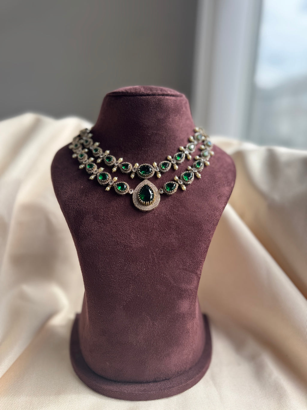 Thanu- Victorian Layered Short Necklace set - Green