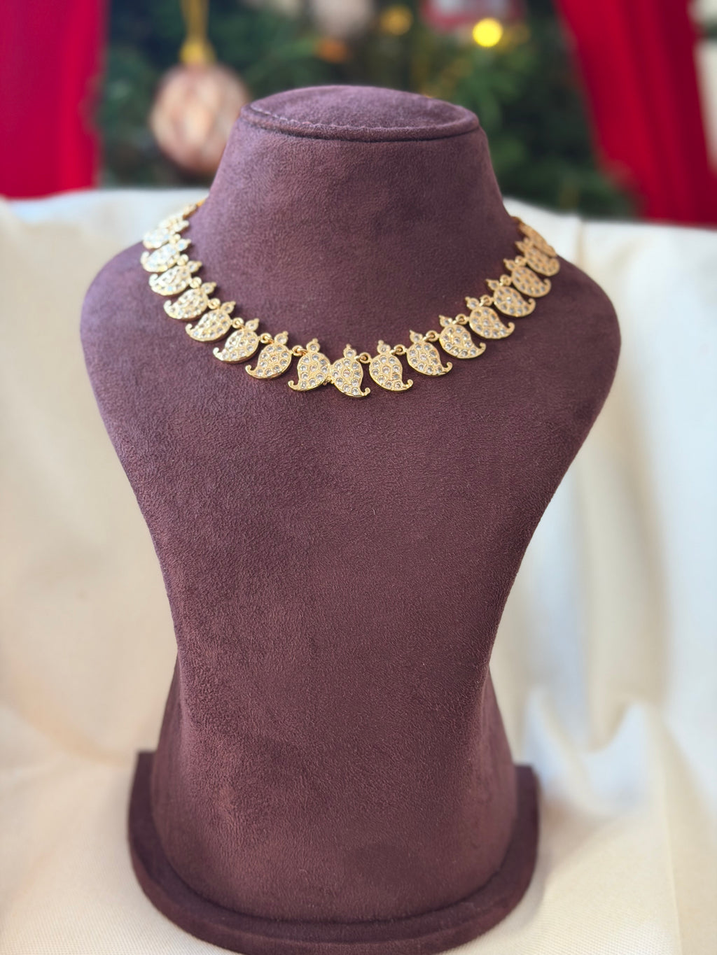 White Stone Gold Plated Stone Short Mango Necklace