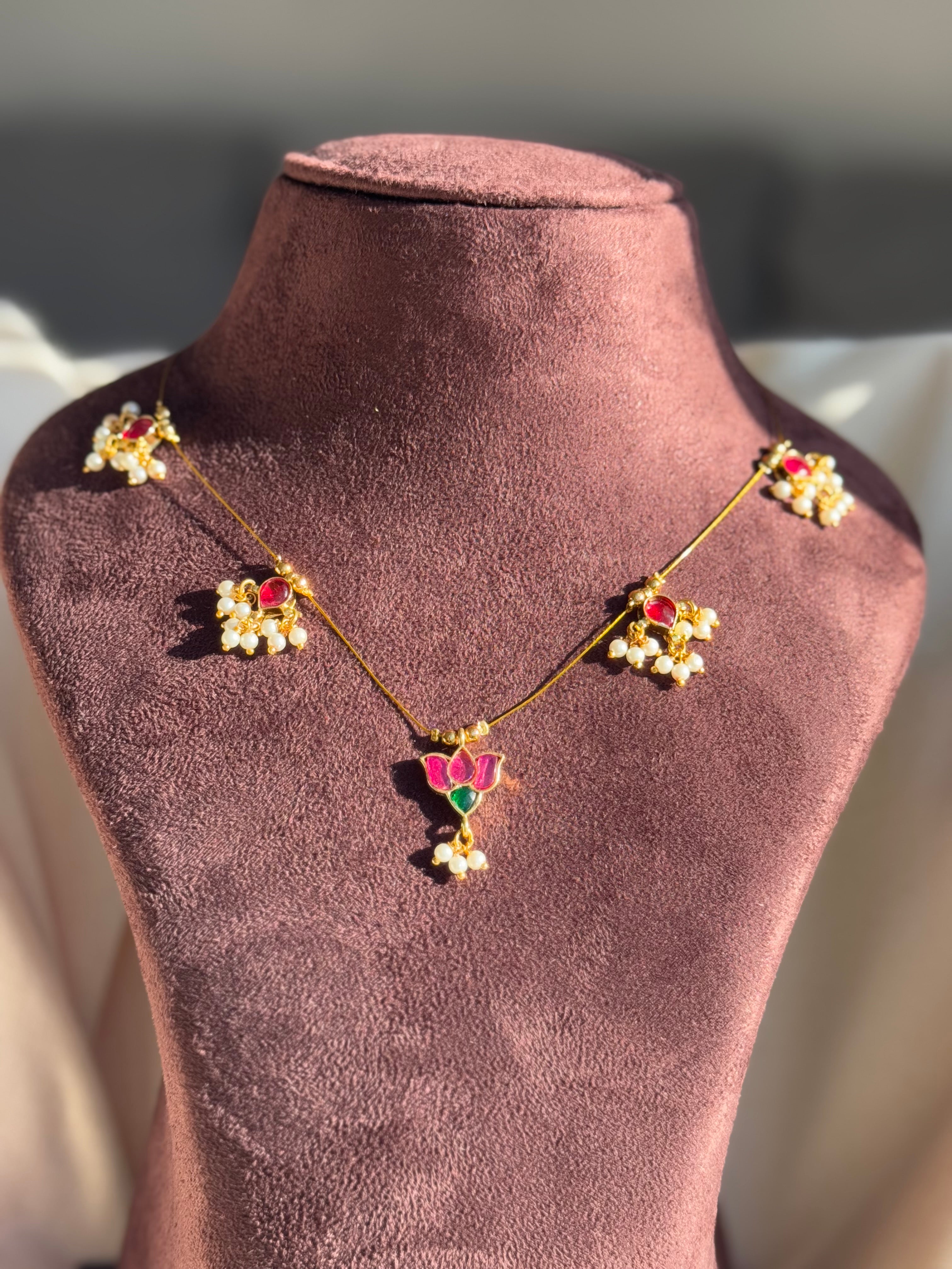 Kundan Pendant Invisible Chain with Lotus-Pearls