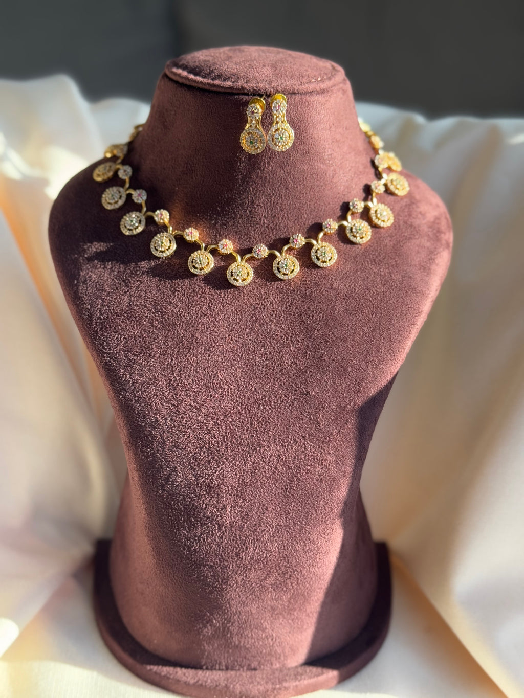 AD Stone Choker Short Necklace set - White with Green and Red stone