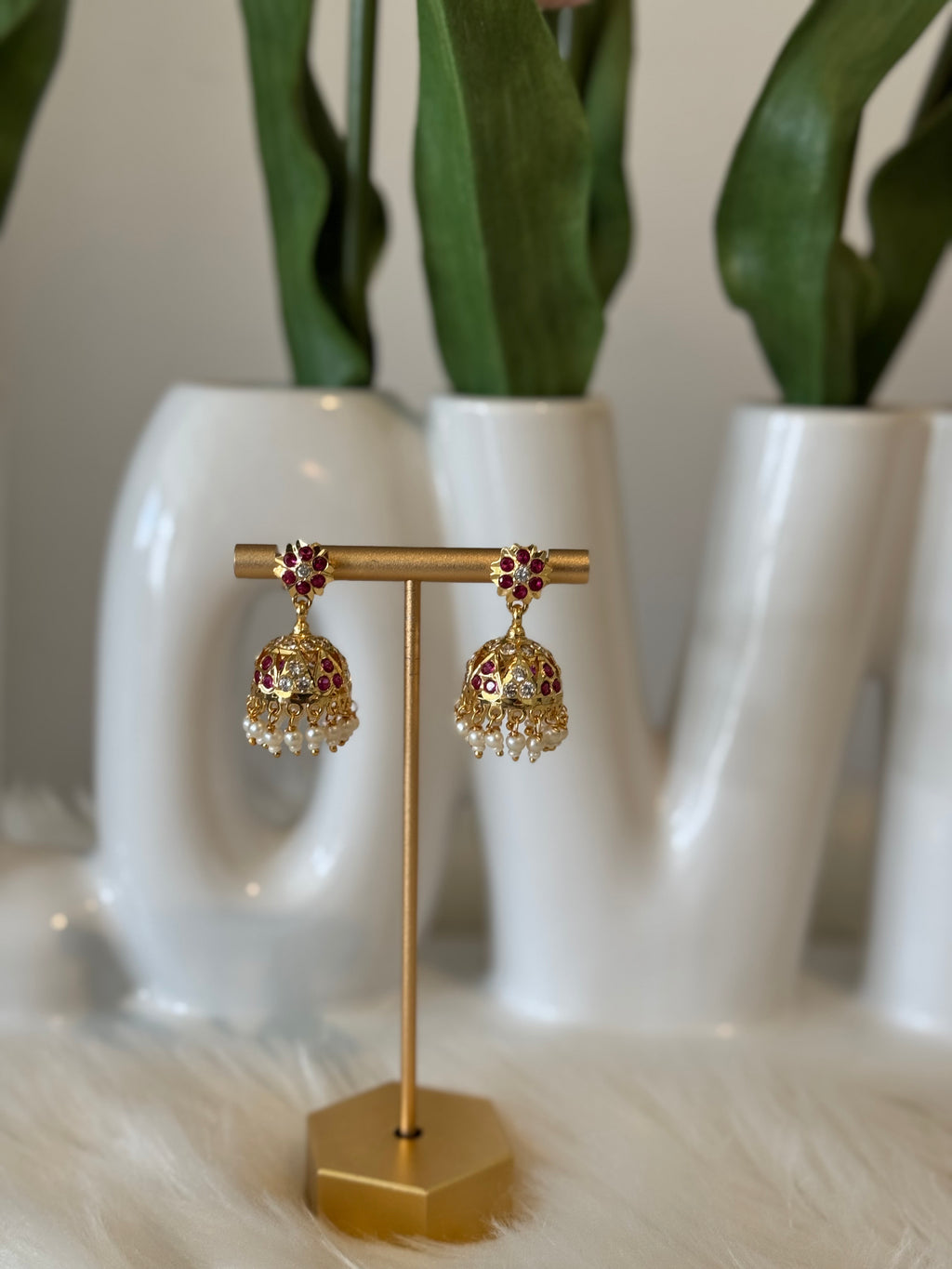 Impoun Pink Stone Jhumki with Pearl Beads  - Small Size