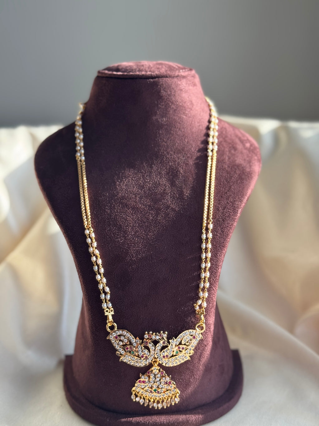 Gold Plated long Pathakam- White, Ruby And Green