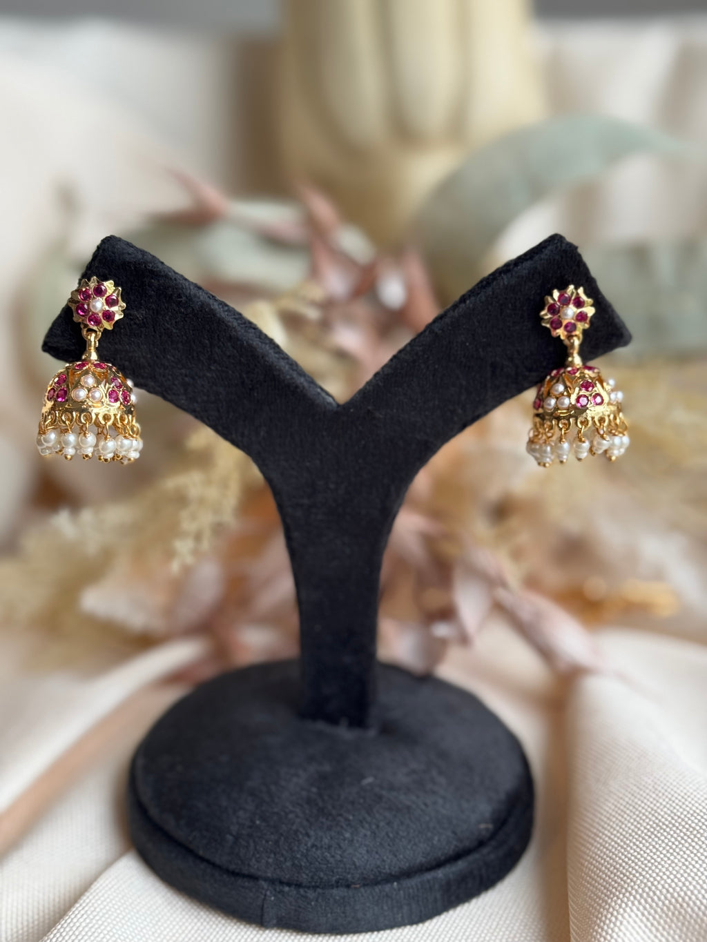 Impoun Pink Stone Jhumki with Pearl Beads  - Small Size