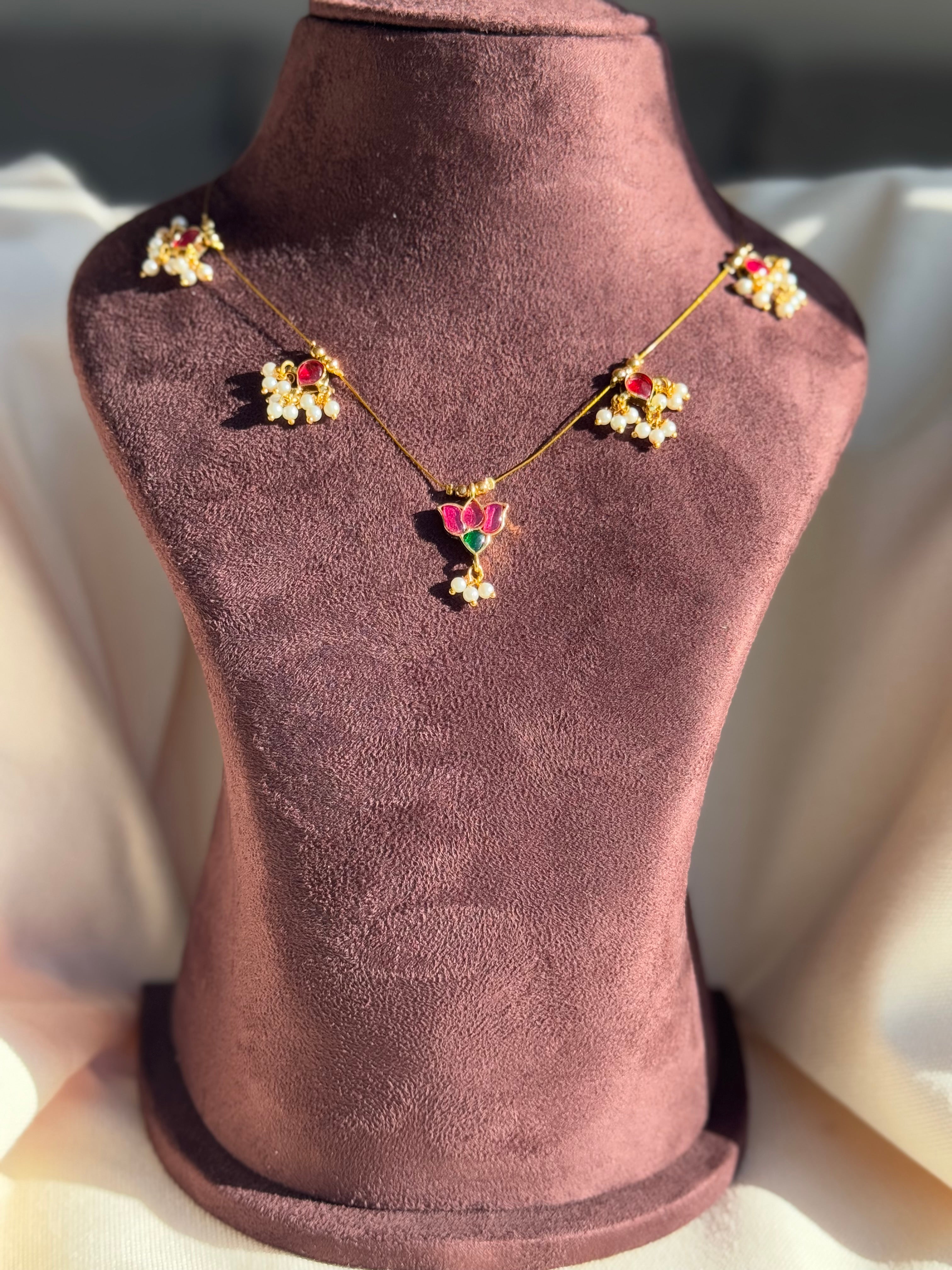Kundan Pendant Invisible Chain with Lotus-Pearls