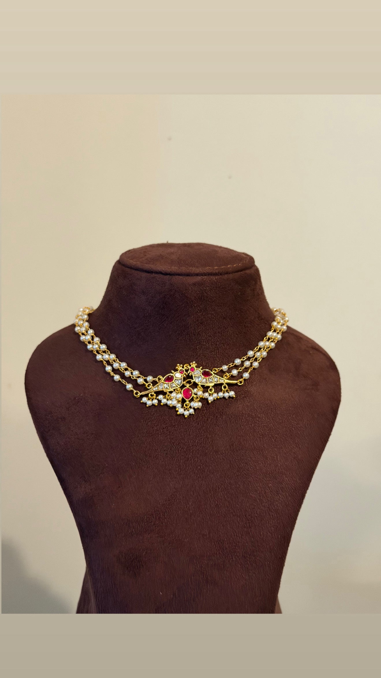 Ruby/ Dark Pink  Pearl Choker with Bird Pendant