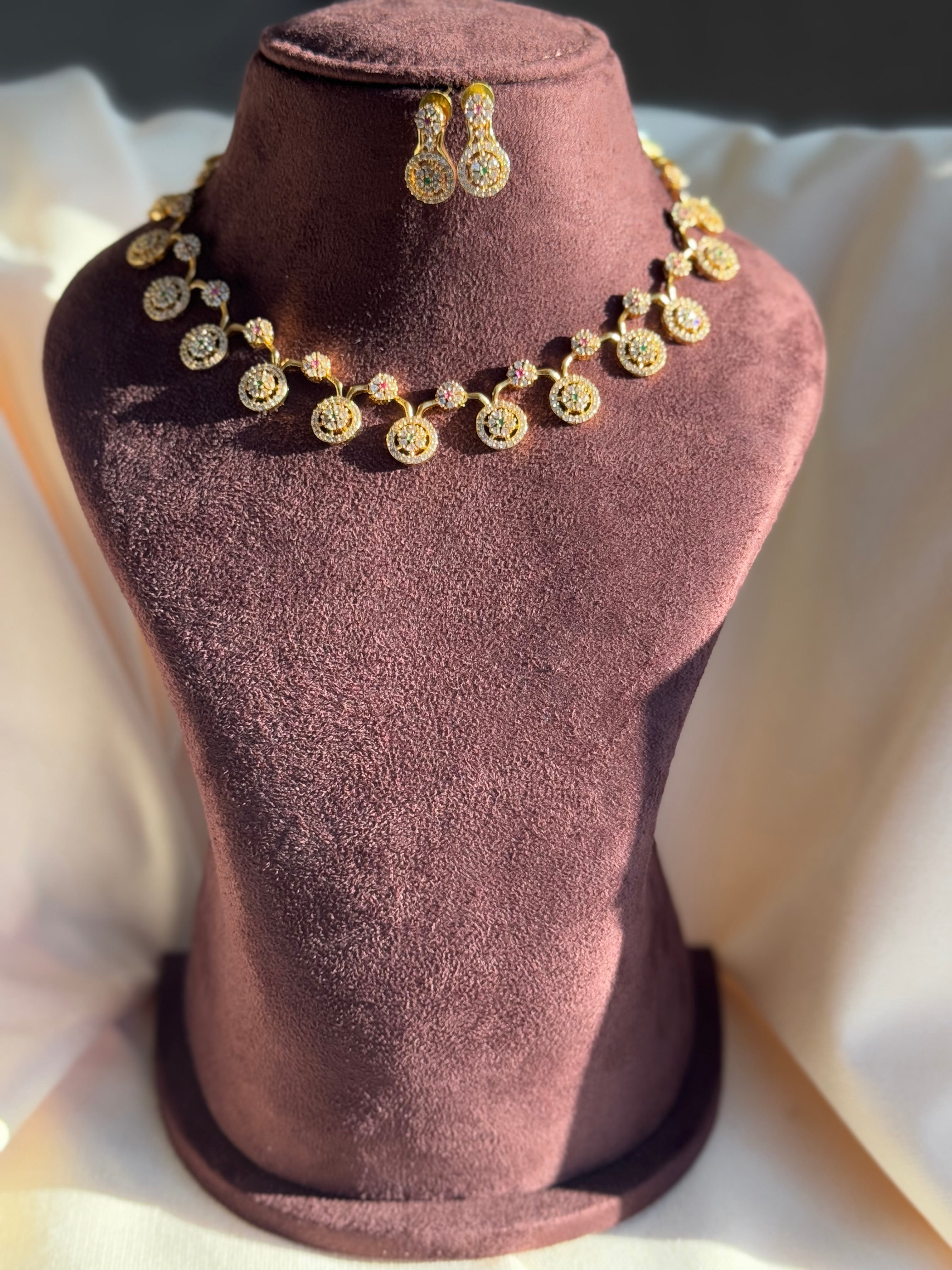 AD Stone Choker Short Necklace set - White Green and Pink