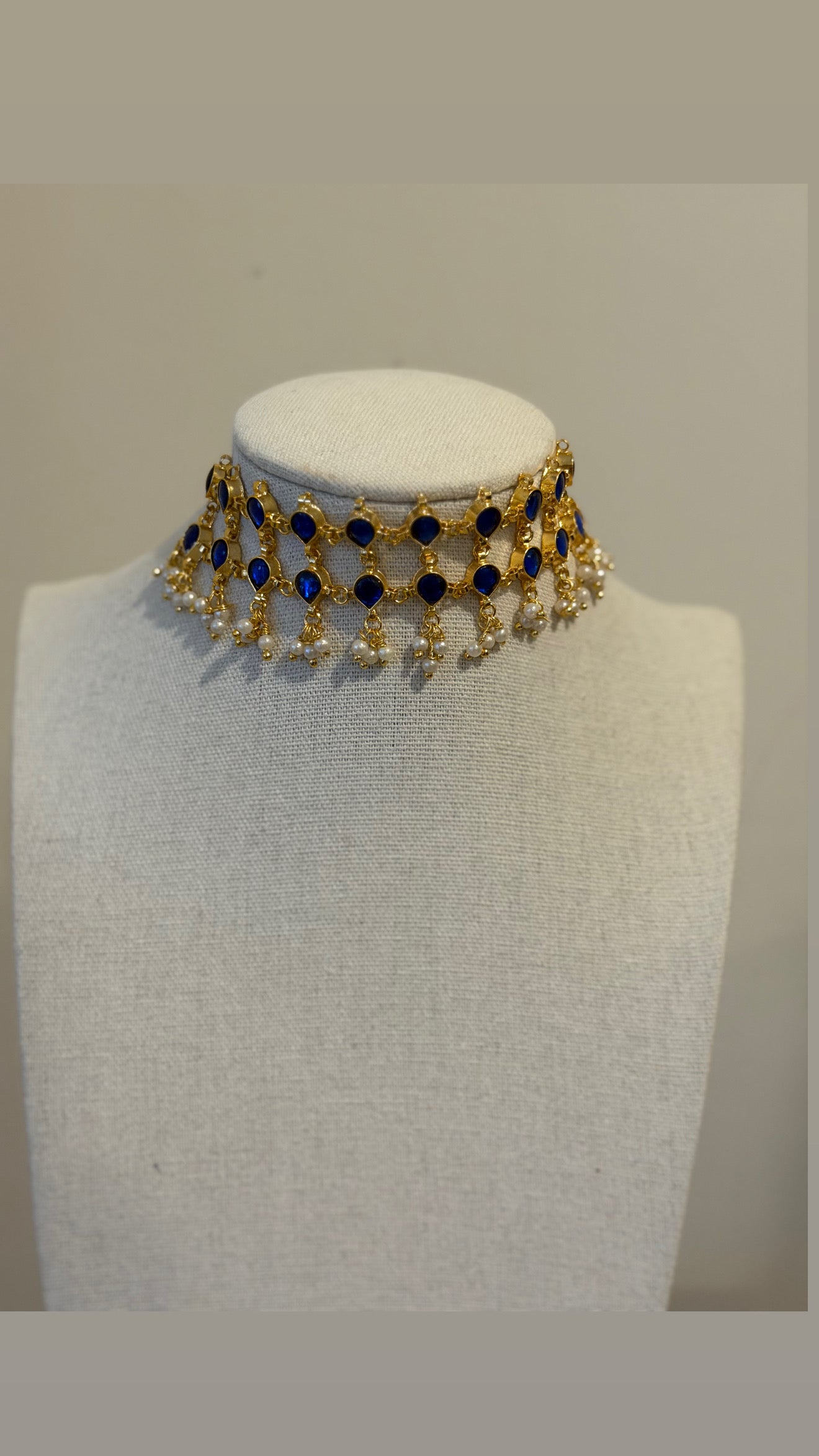 Kundan Two-Line Floral Pearl Choker Necklace - Navy Blue