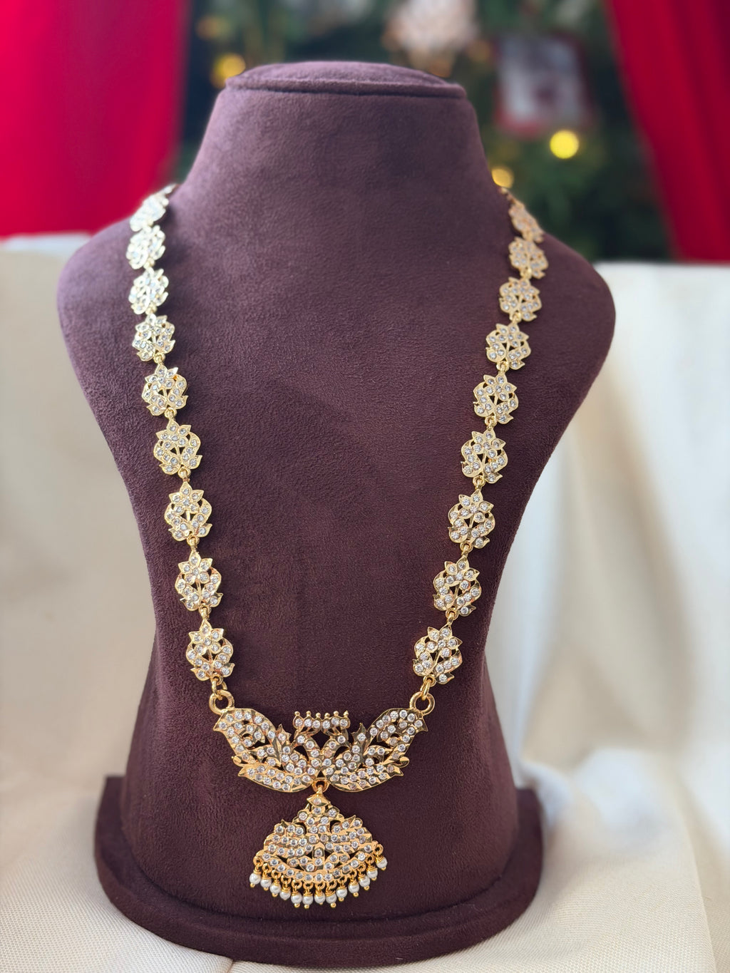 White Stone Long Pathakam With Pearl Beads