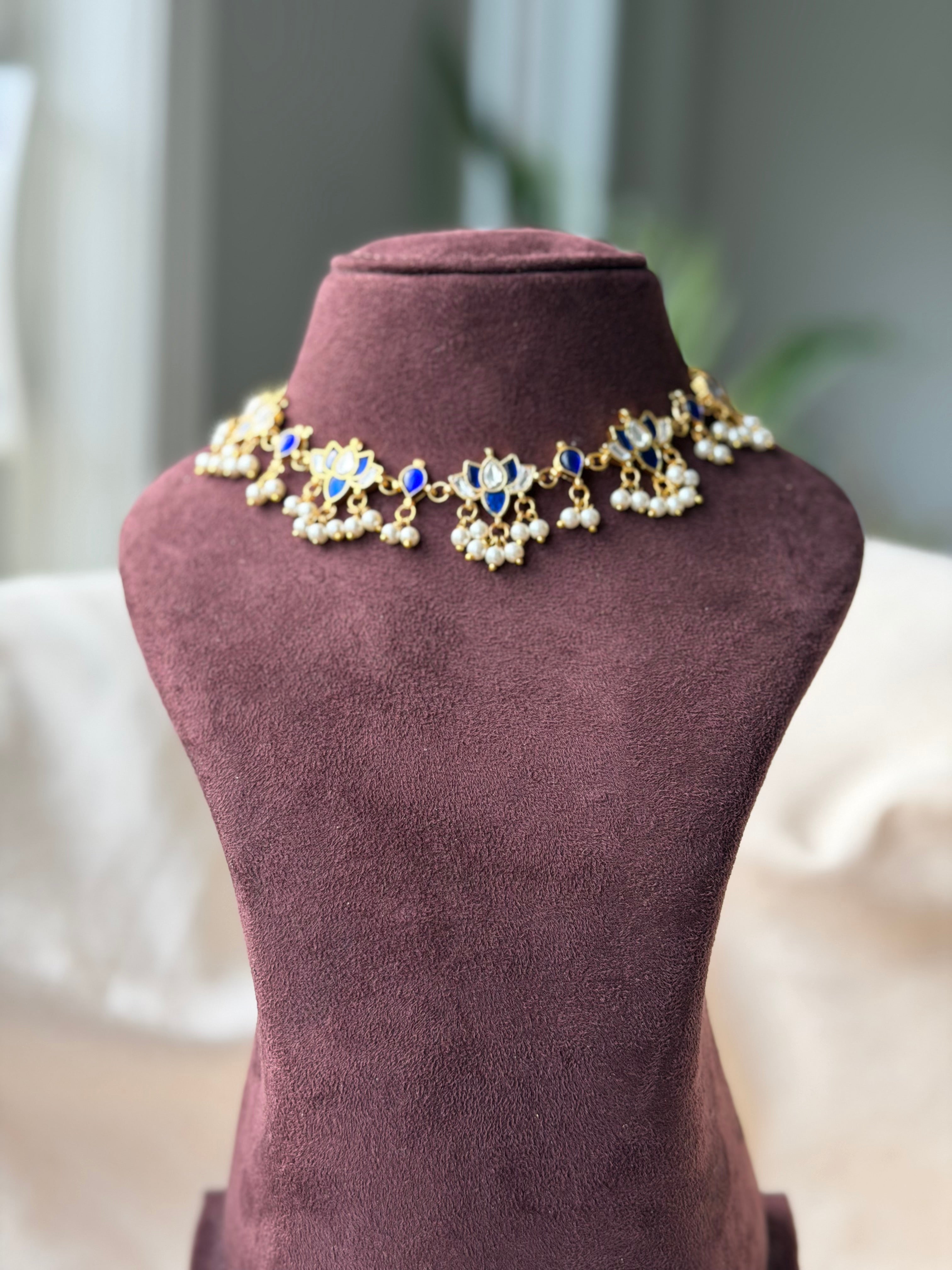 Blue and white Lotus Neckalce /Choker