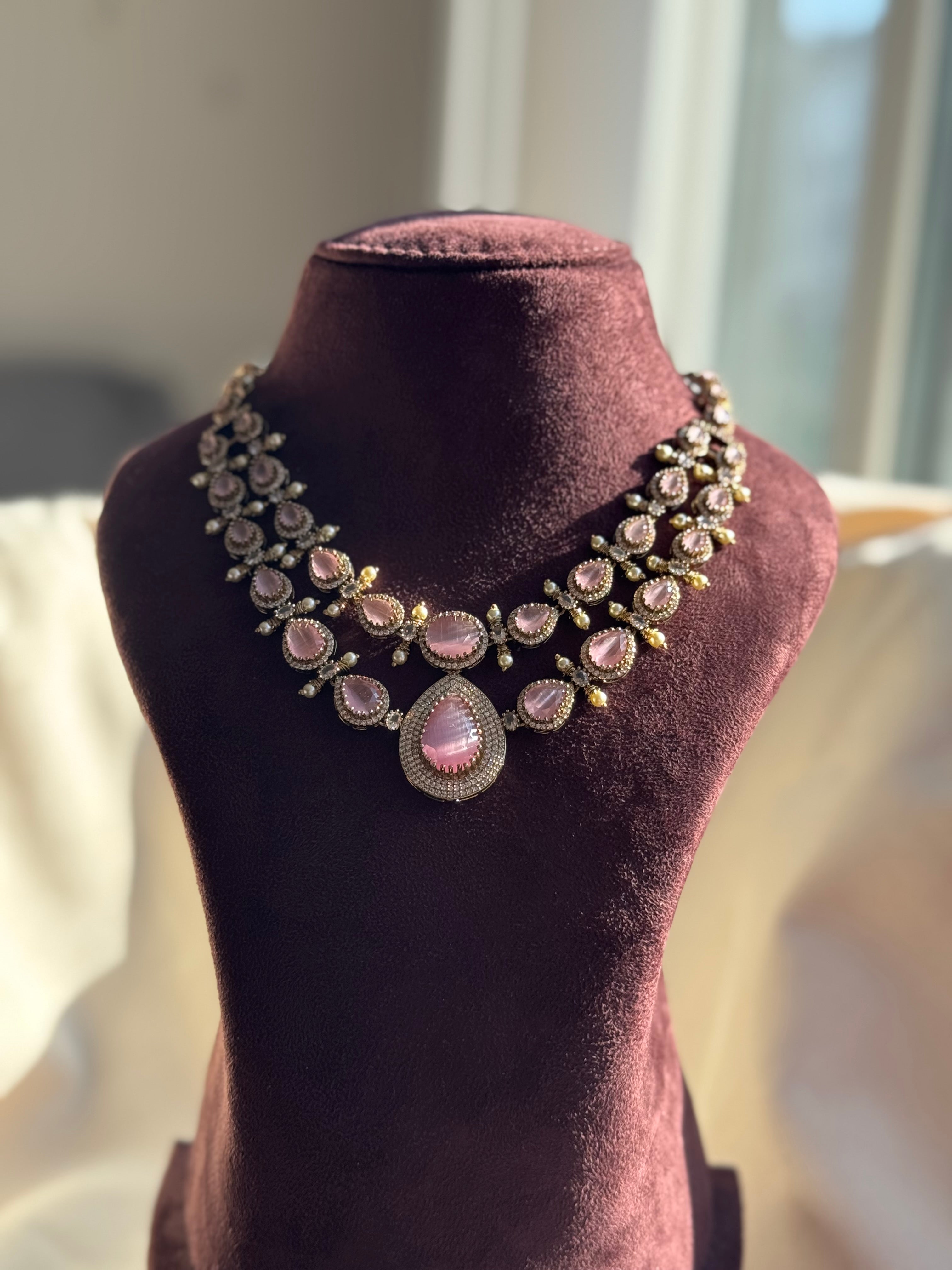 Thanu- Victorian Layered Short Necklace – Rose Pink