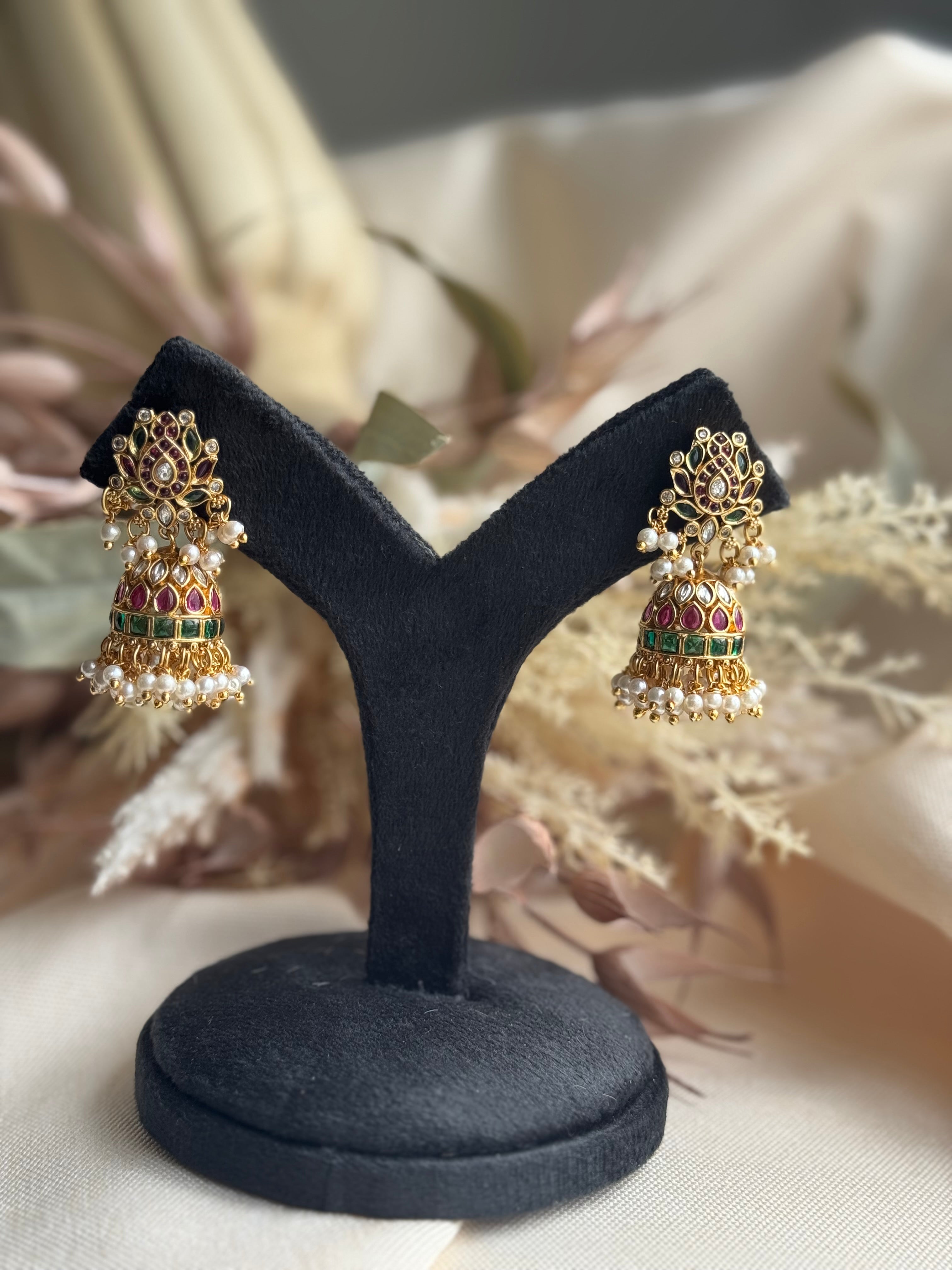 Lotus Kemp Jhumki - Red and Green