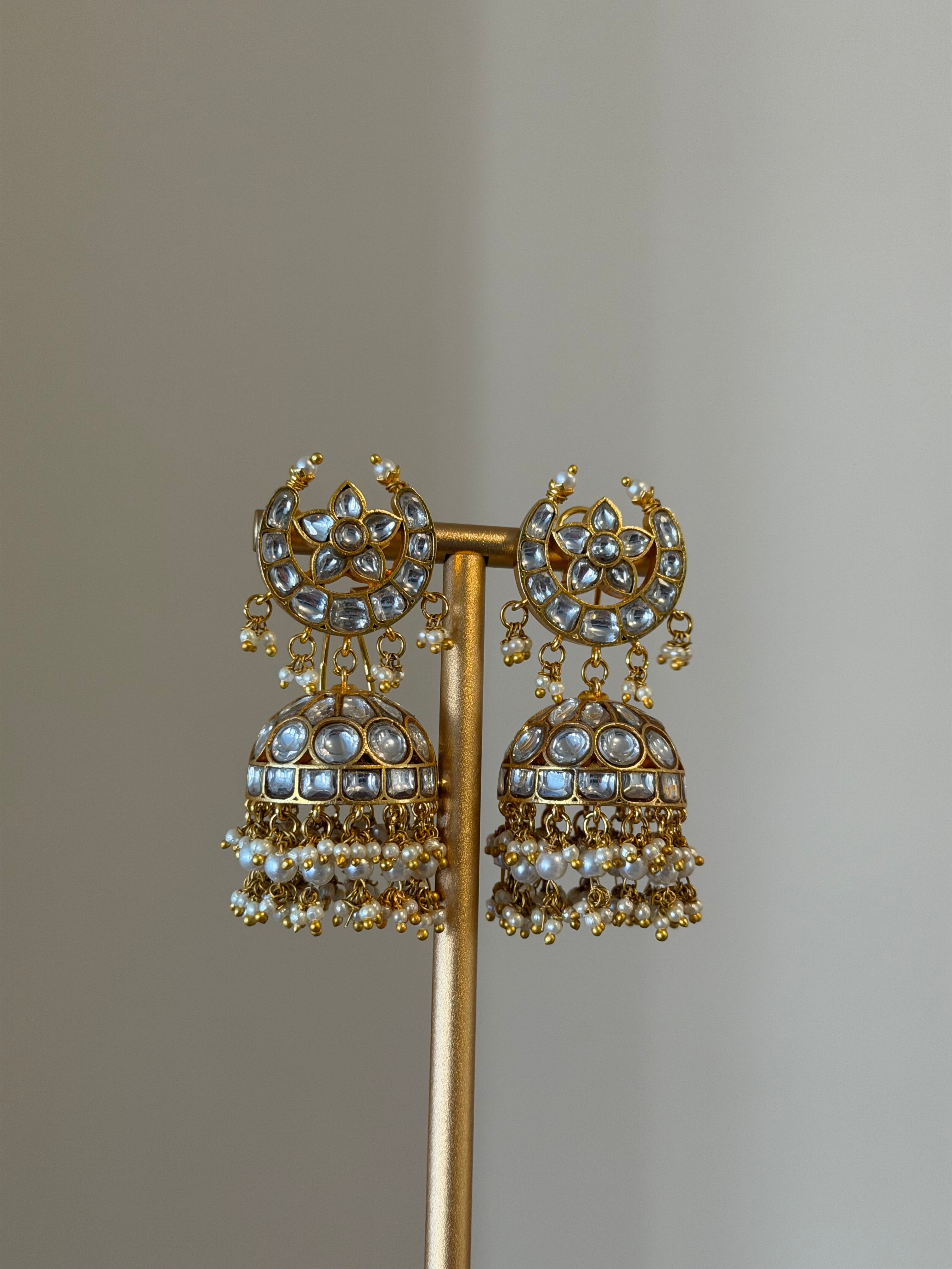 White Stone Kundan Jhumki with 100 pearl beads