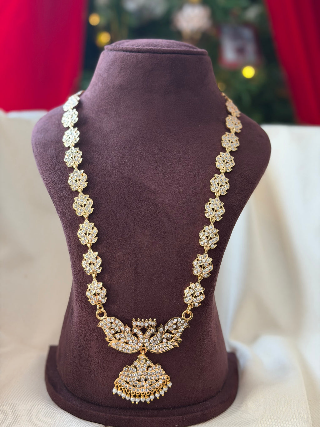 White Stone Long Pathakam With Pearl Beads