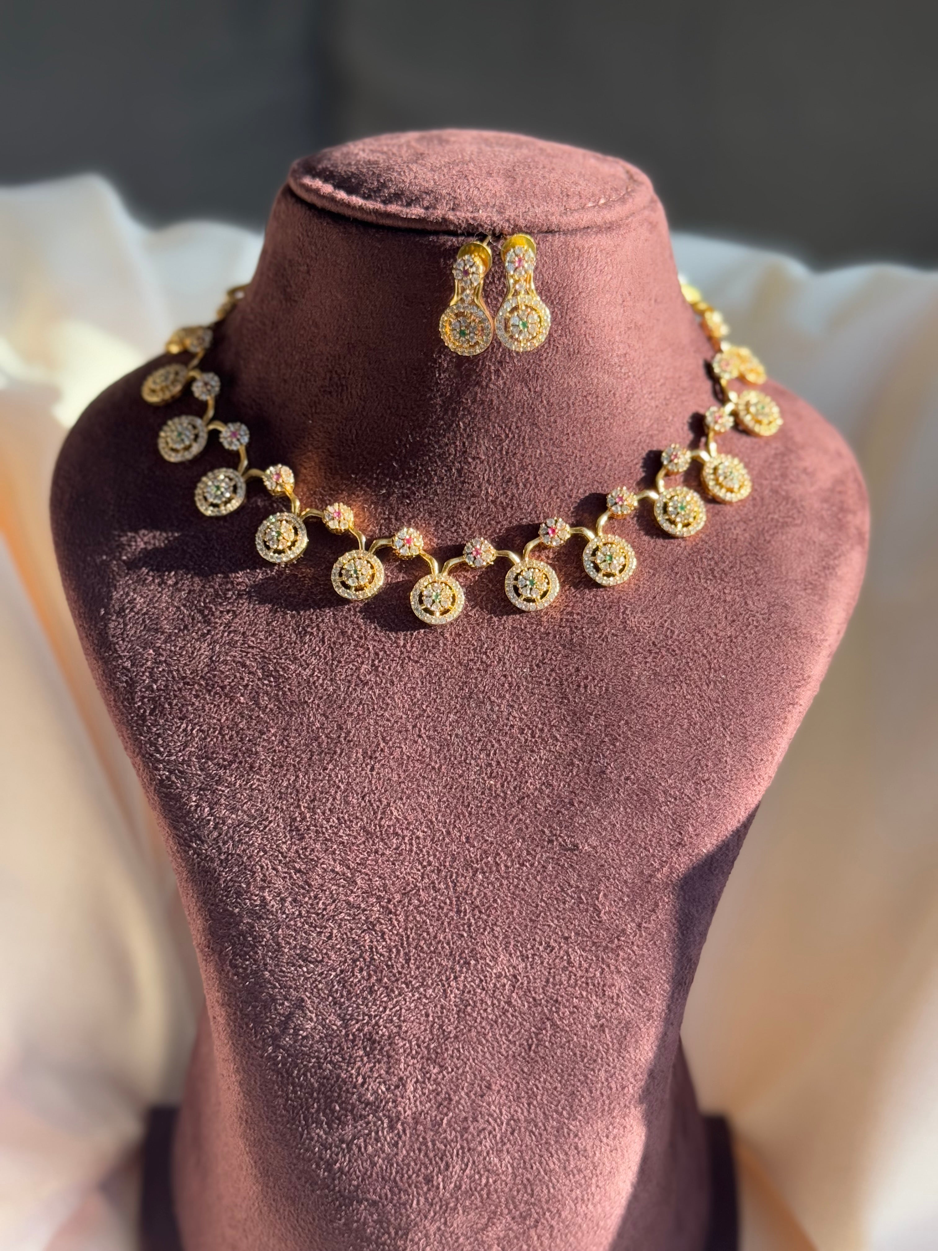 AD Stone Choker Short Necklace set - White with Green and Red stone