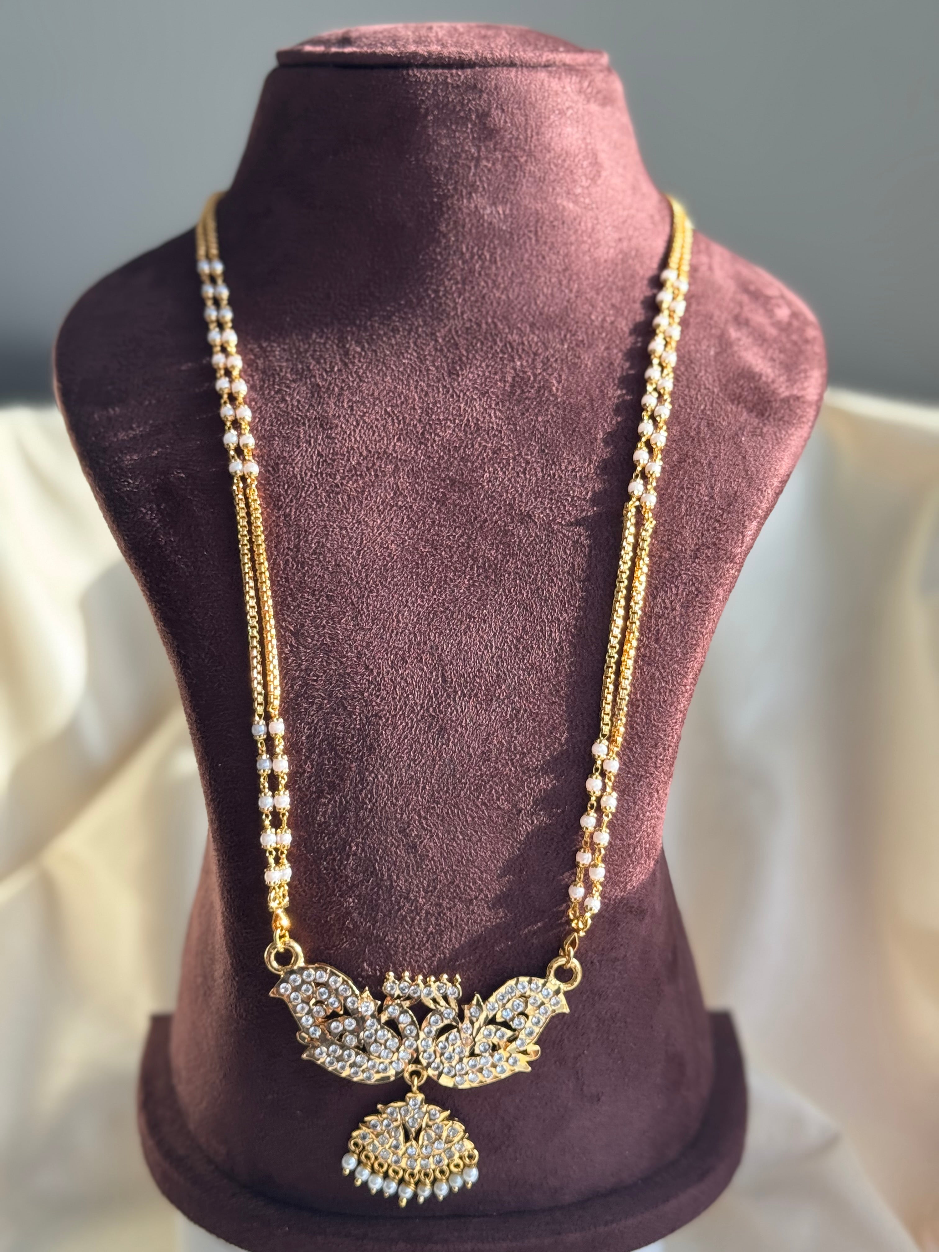 Gold Plated long Pathakam-White with Pearl Beads