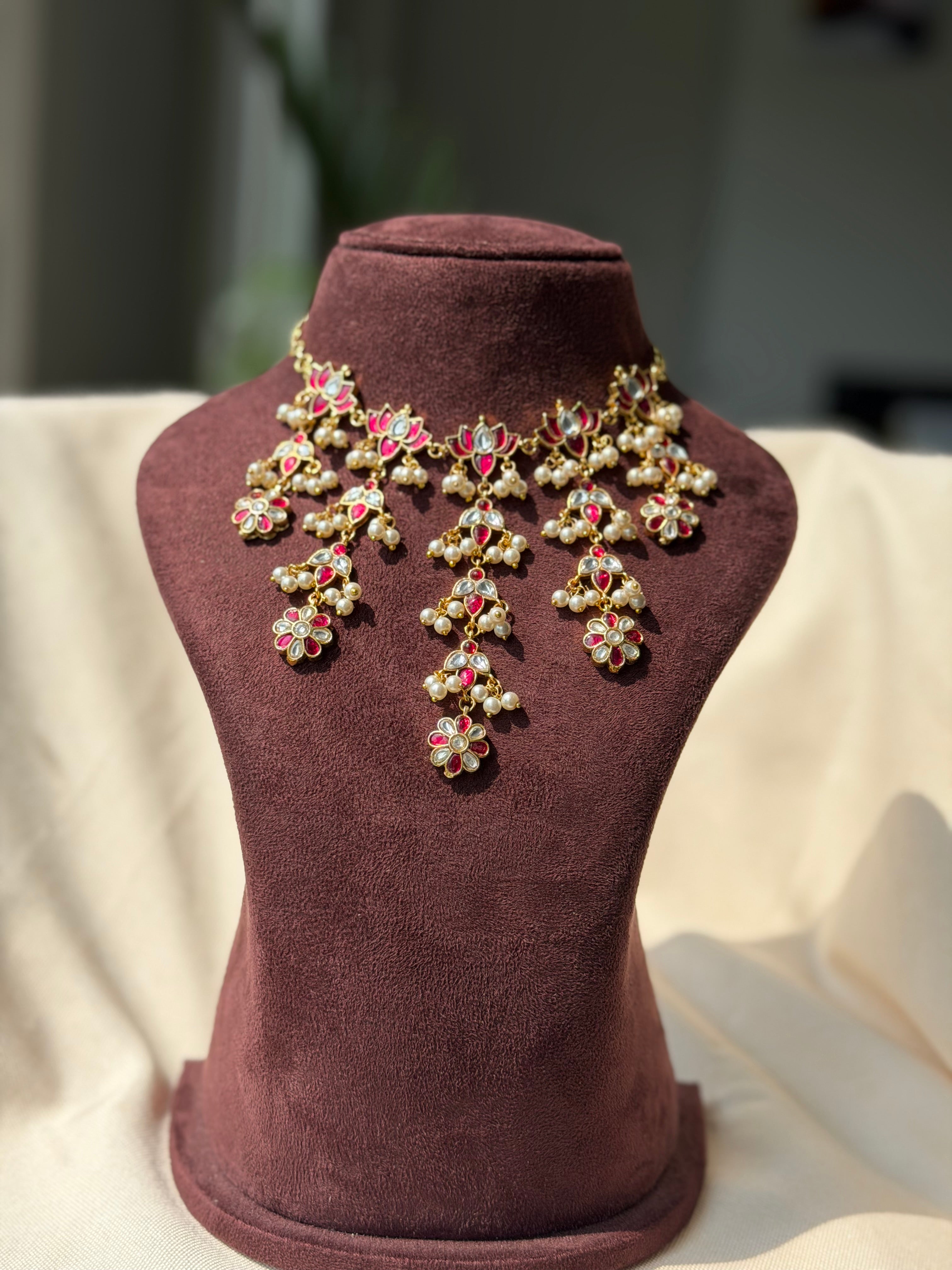 Bridal Ruby and White Stone Drop design Neckalce