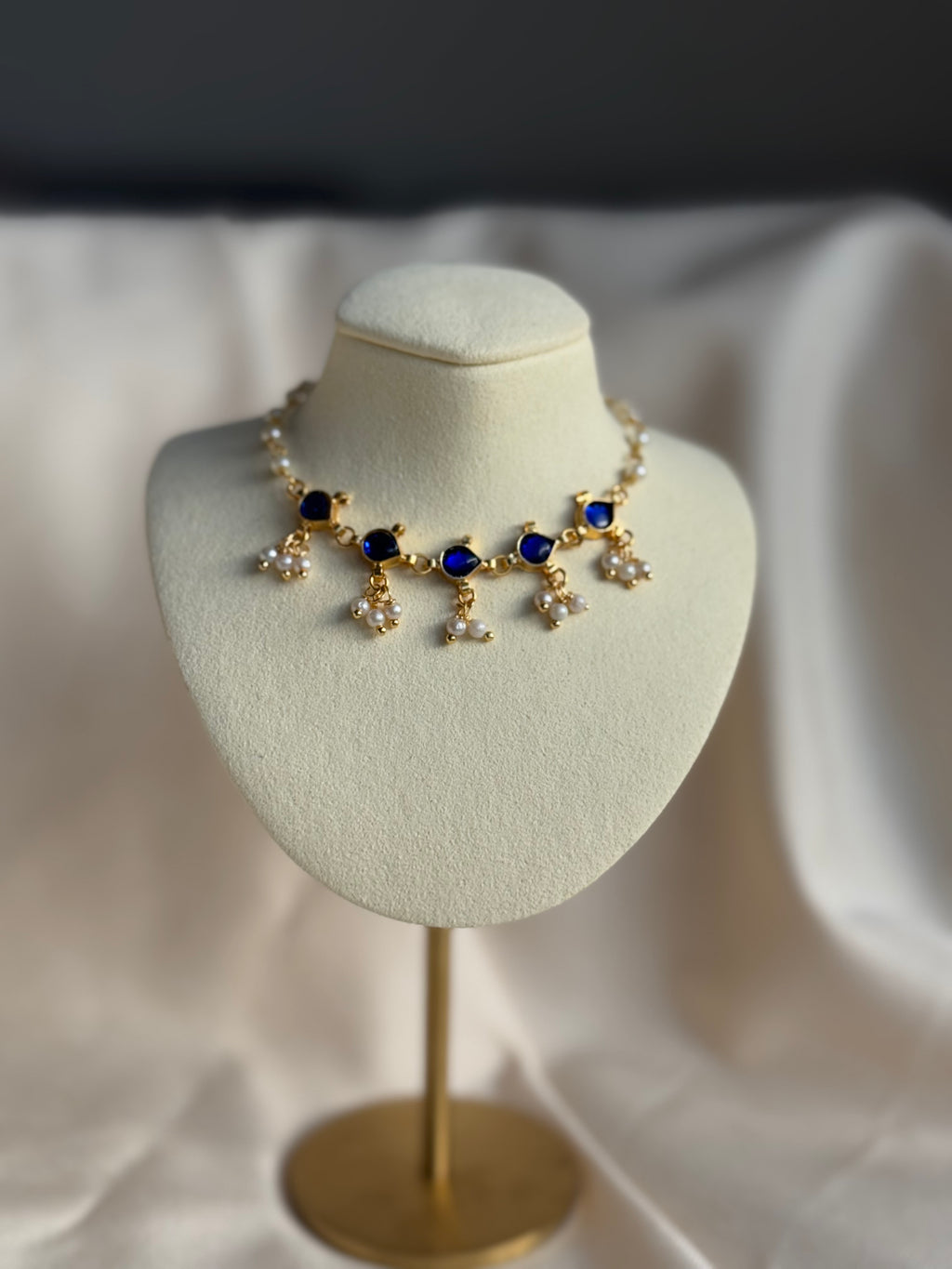Kundan Floral Pearl Choker Necklace - Blue