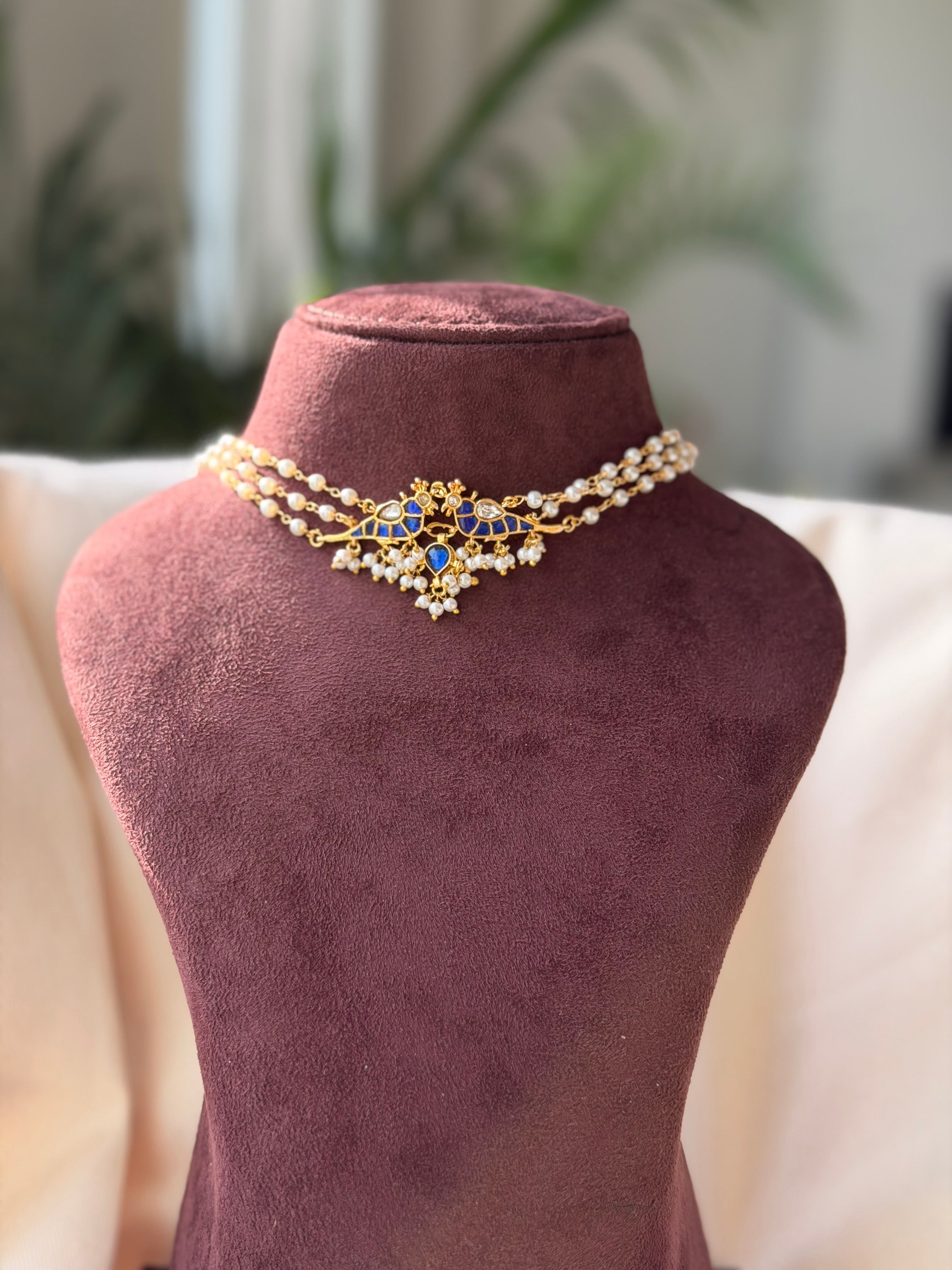 Navy blue Pearl Choker with  Bird Pendent