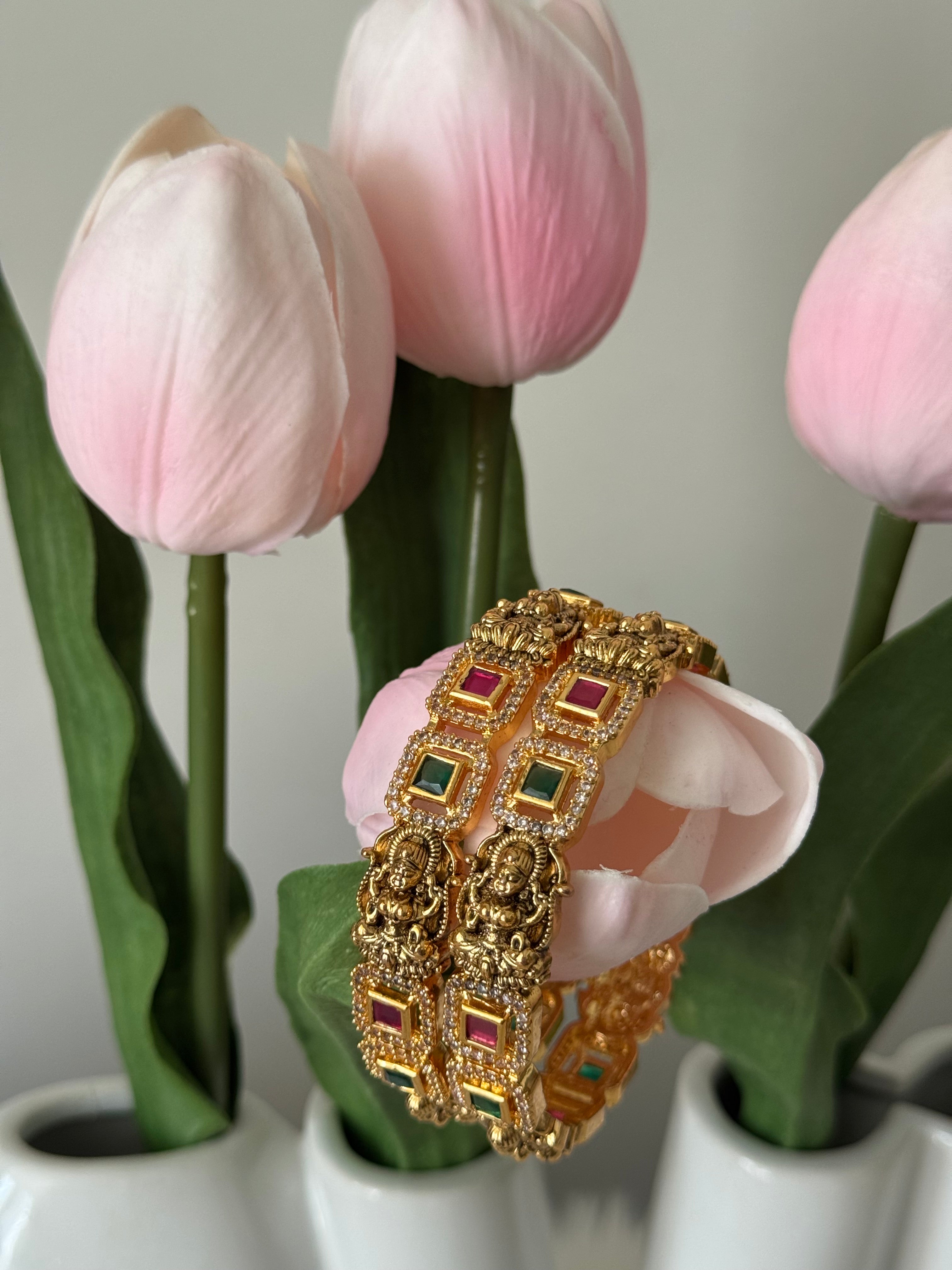 Temple Nakshi Bangles – Ruby & Green Stones (Pair)