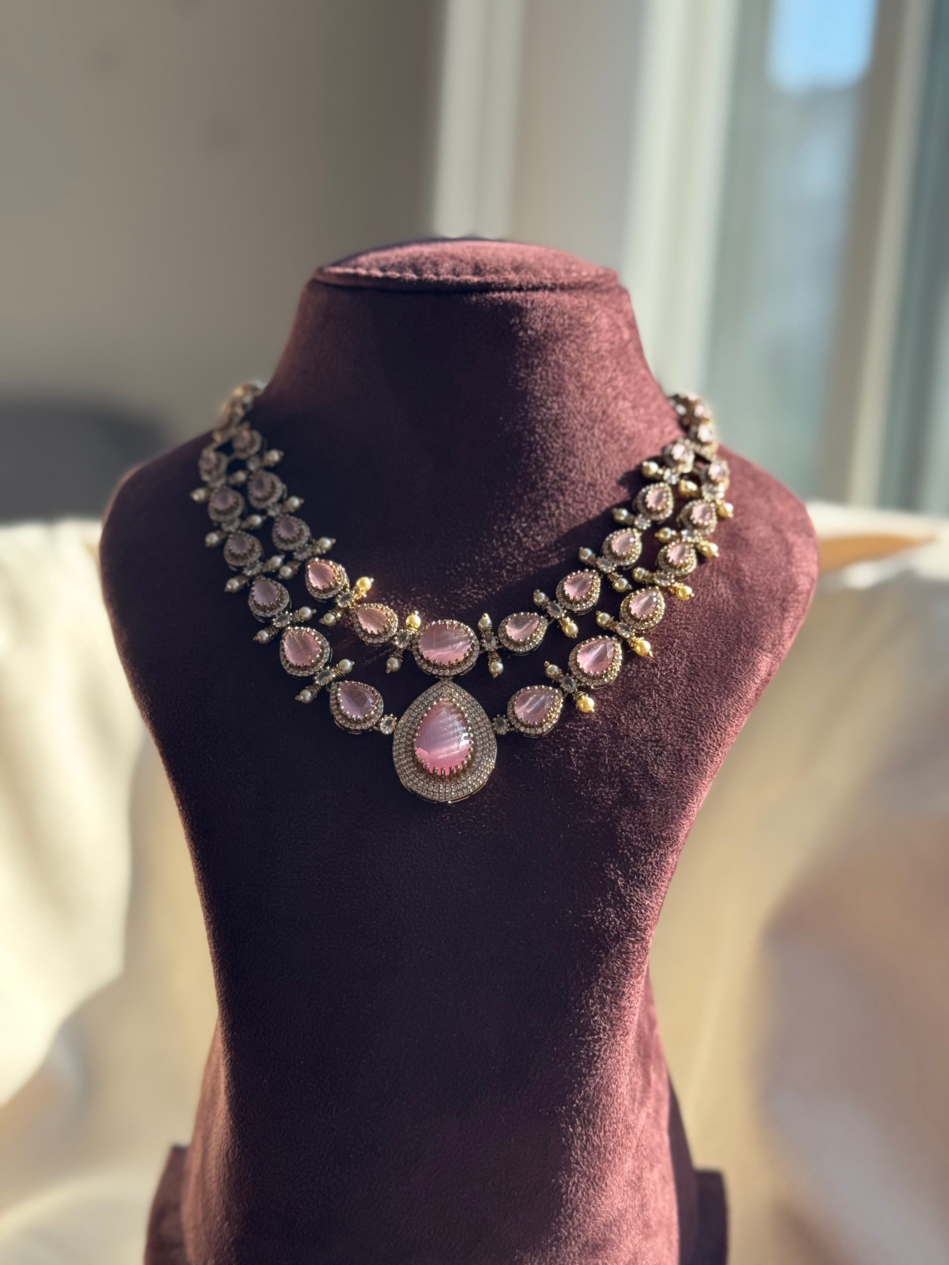 Thanu- Victorian Layered Short Necklace – Rose Pink