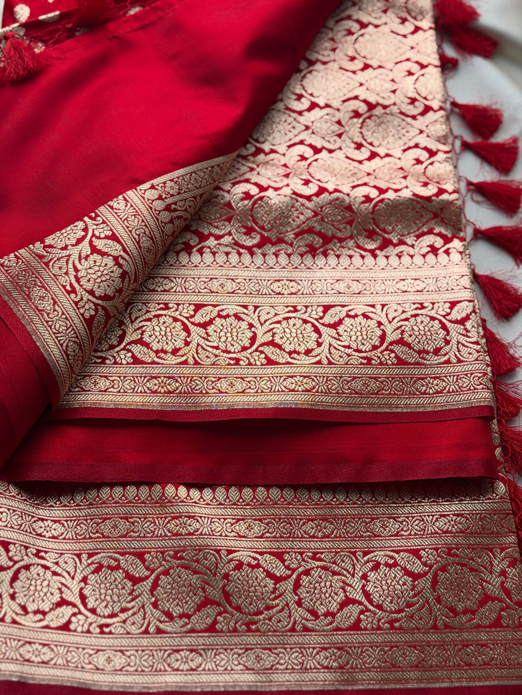 Red Banarasi satin Saree with Gold Zari work- (Samantha Inspired Wedding Saree