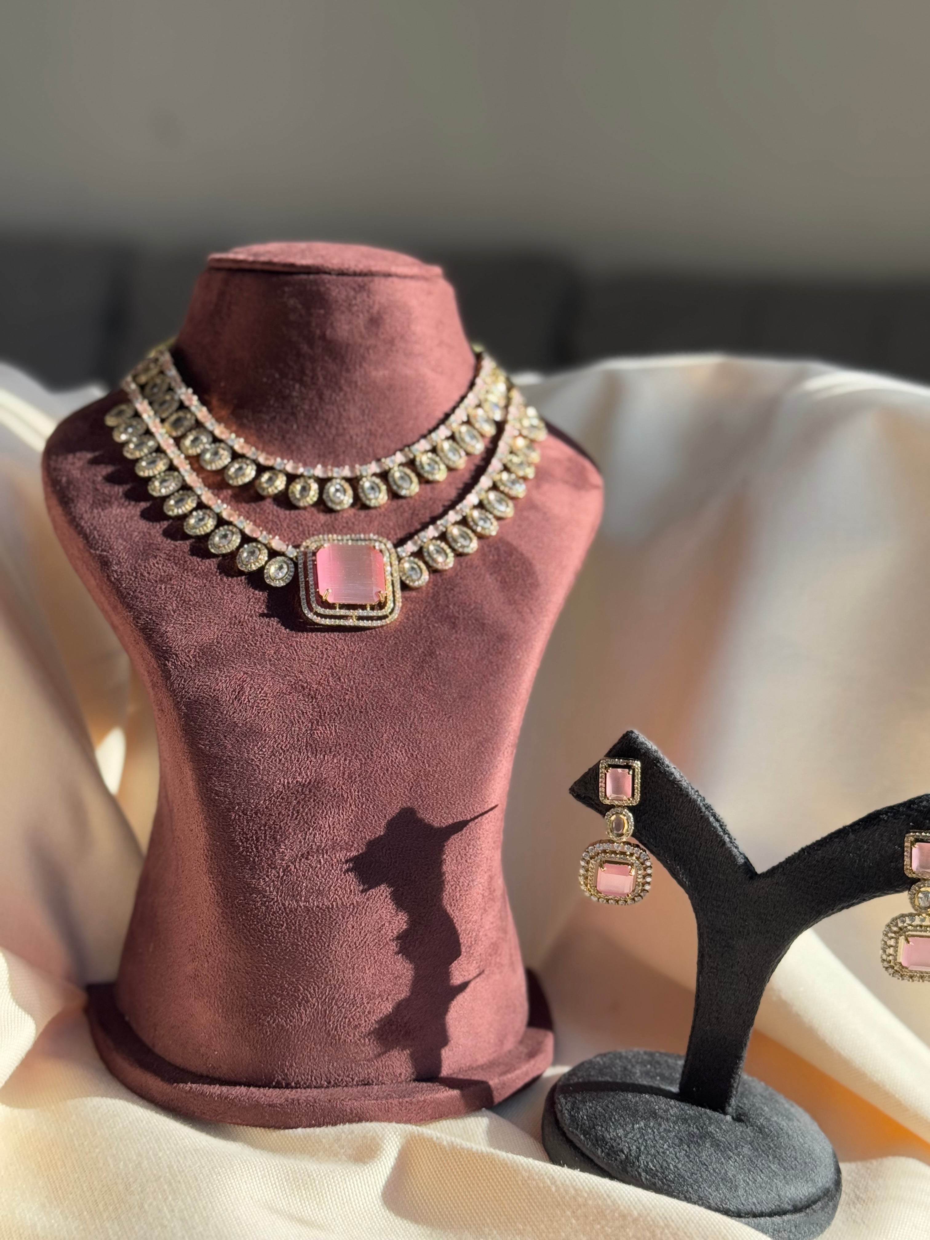 Designer Jadau AD Necklace set - Pink