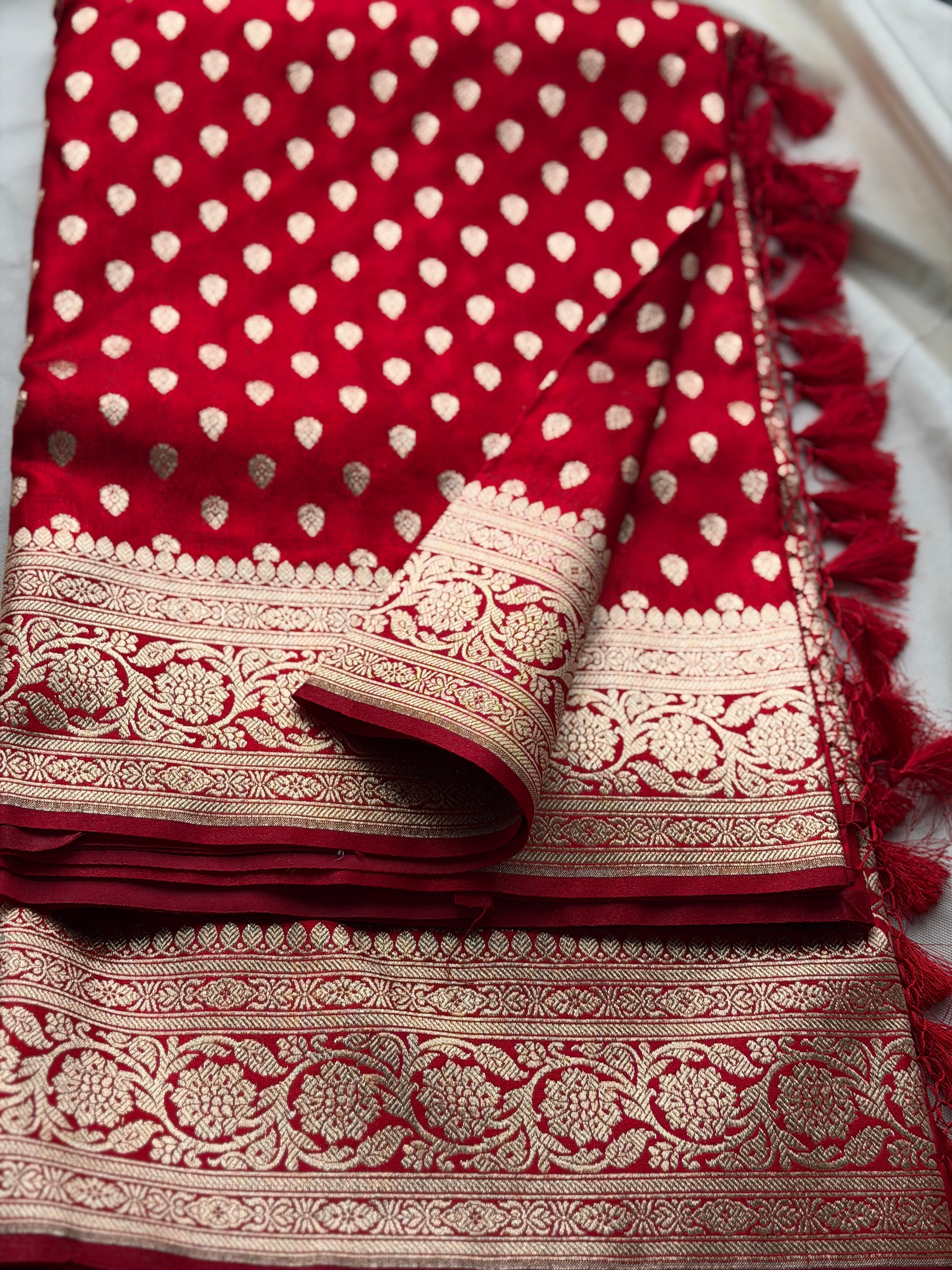 Red Banarasi satin Saree with Gold Zari work- (Samantha Inspired Wedding Saree