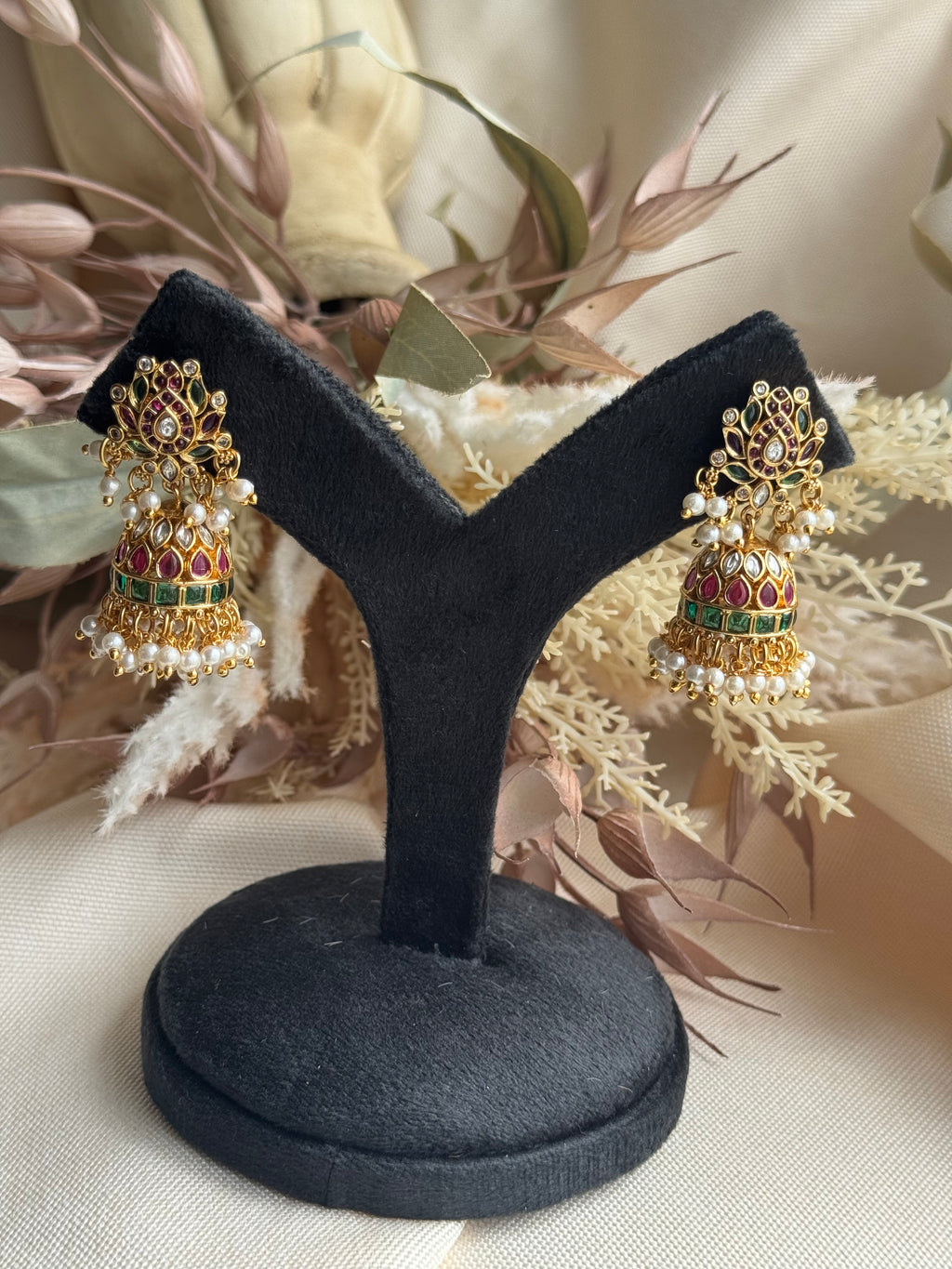 Lotus Kemp Jhumki - Red and Green