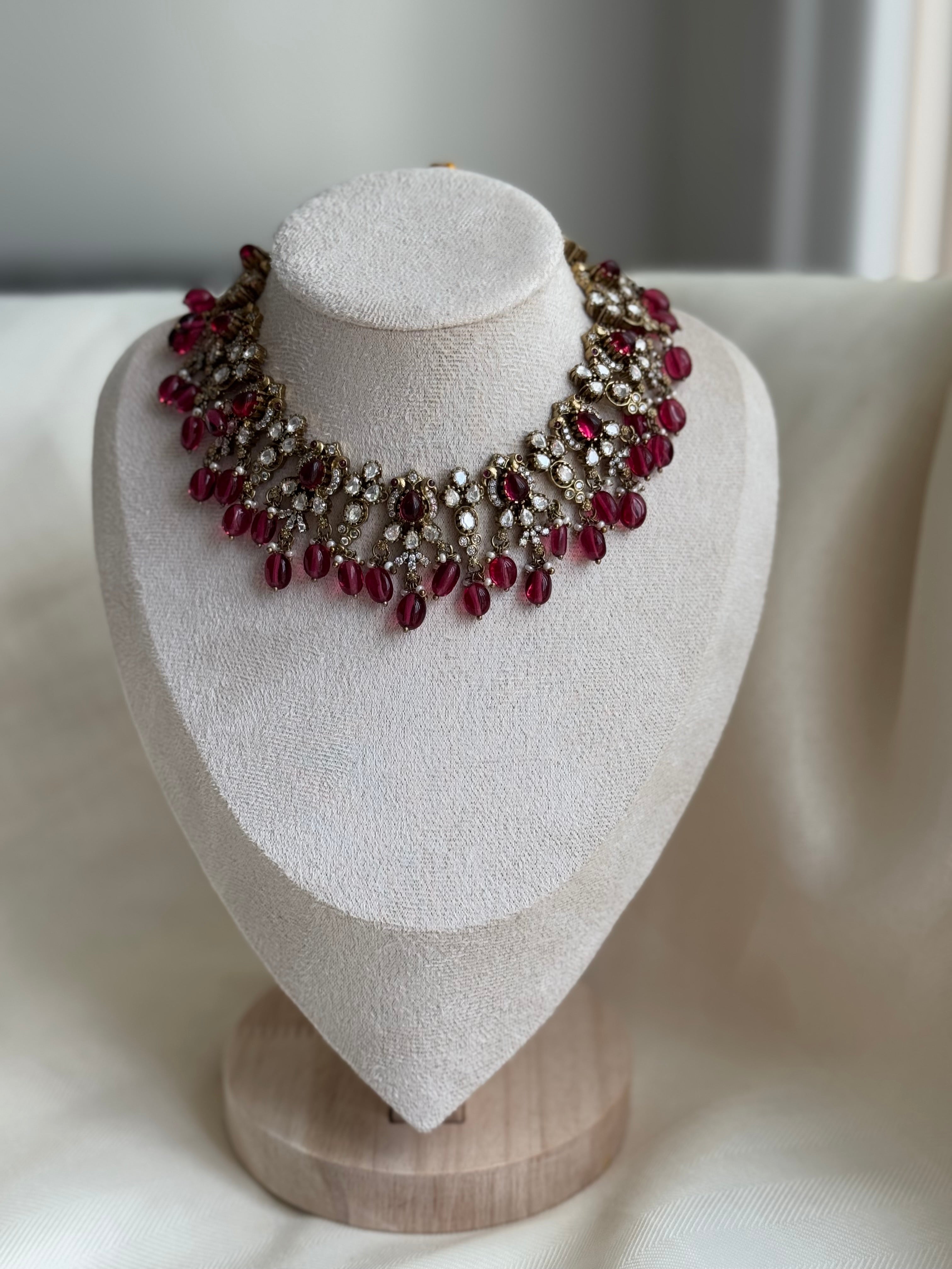 Ashvi- Victorian Stone Short Necklace Set - Red