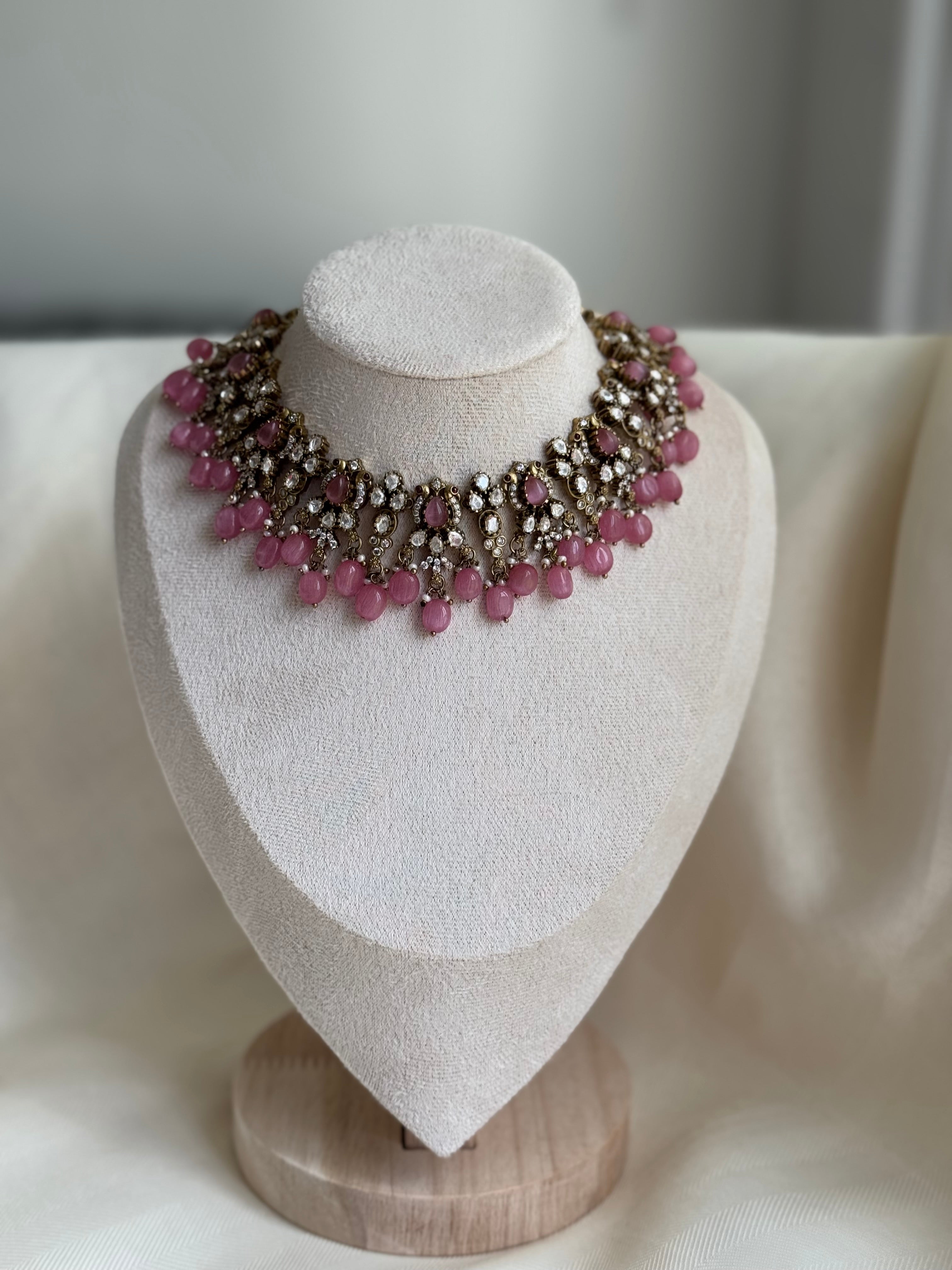 Ashvi- Victorian Stone Short Necklace Set - Rose Pink