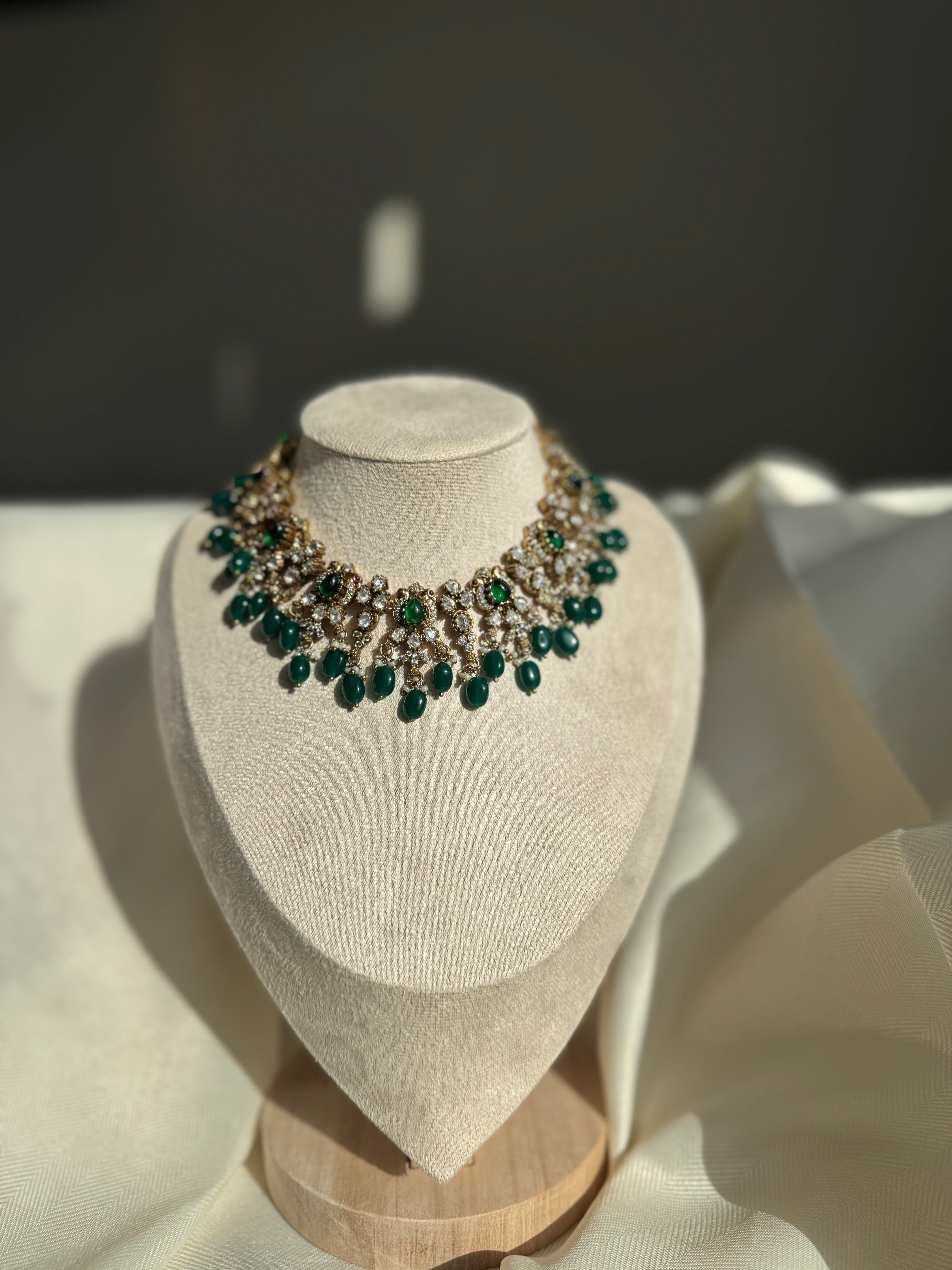 Ashvi- Victorian Stone Short Necklace Set - Green