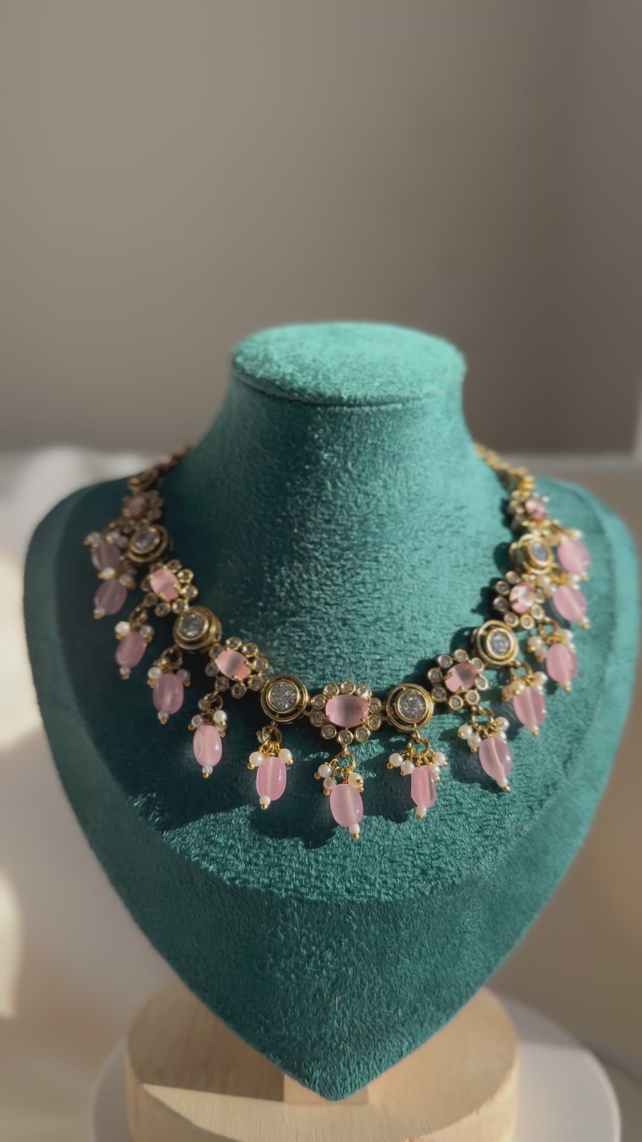 Victorian Short / Chocker Necklace set with Rose Pink Beads